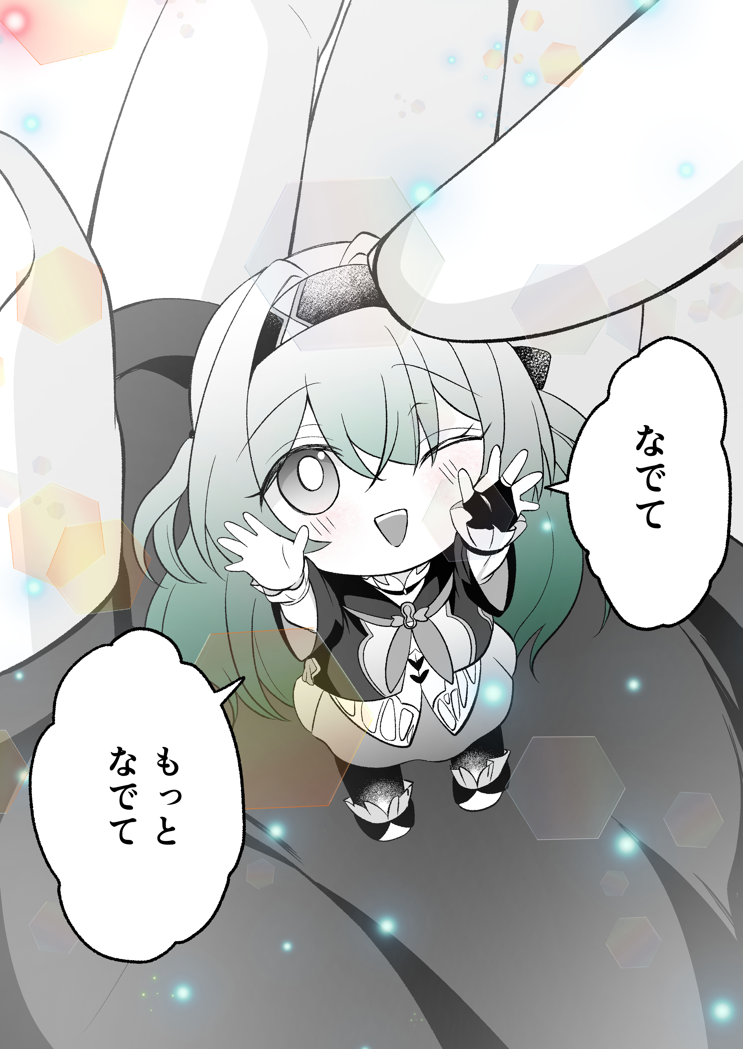 miyura1010, caelus (honkai: star rail), firefly (honkai: star rail), trailblazer (honkai: star rail), honkai: star rail, honkai (series), absurdres, highres, 1boy, 1girl, black hairband, black jacket, black leggings, black ribbon, blush, bridal gauntlets, dress, fingerless gloves, gloves, gradient hair, grey dress, grey hair, grey neckerchief, greyscale, hair between eyes, hair intakes, hair ribbon, hair tubes, hairband, jacket, leggings, long hair, monochrome, multicolored hair, neckerchief, open mouth, ribbon, single bridal gauntlet, teeth