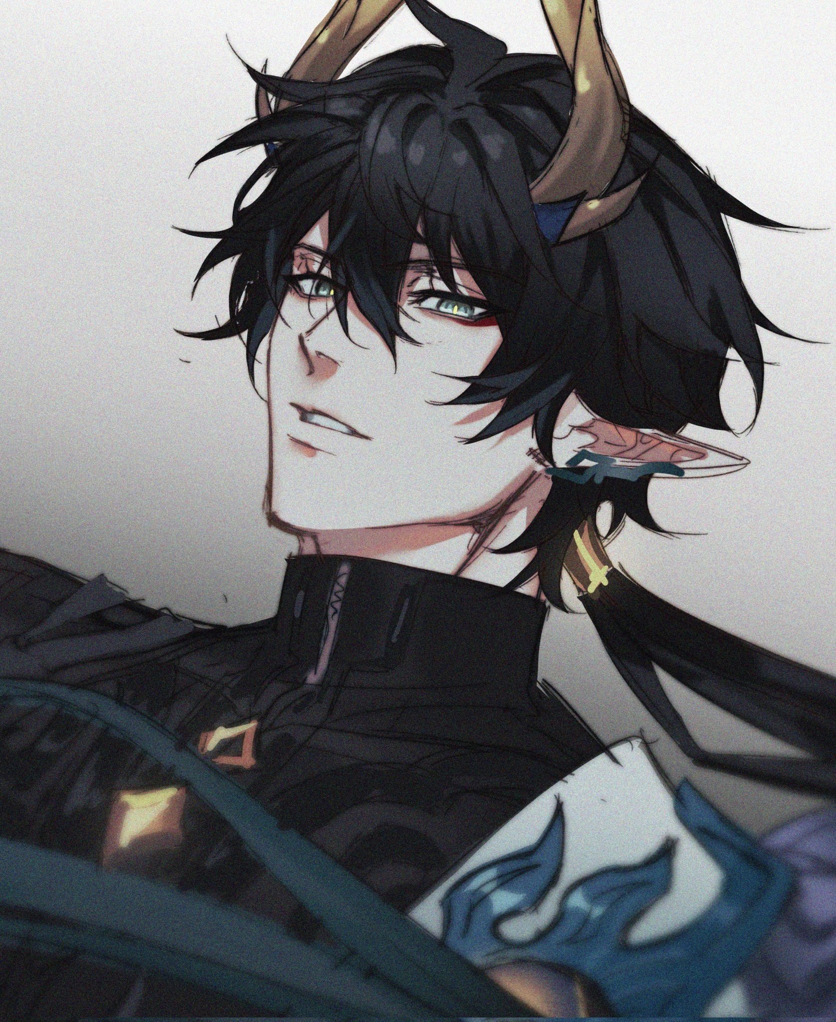 chihuahuarien, dan heng (honkai: star rail), dan heng (permansor terrae) (honkai: star rail), honkai: star rail, honkai (series), commentary, english commentary, highres, 1boy, black hair, black shirt, dutch angle, ear covers, floating hair, grey eyes, horns, long hair, long pointy ears, male focus, official alternate costume, parted lips, pointy ears, ponytail, portrait, shirt, simple background, single ear cover, solo, yellow horns, zipper