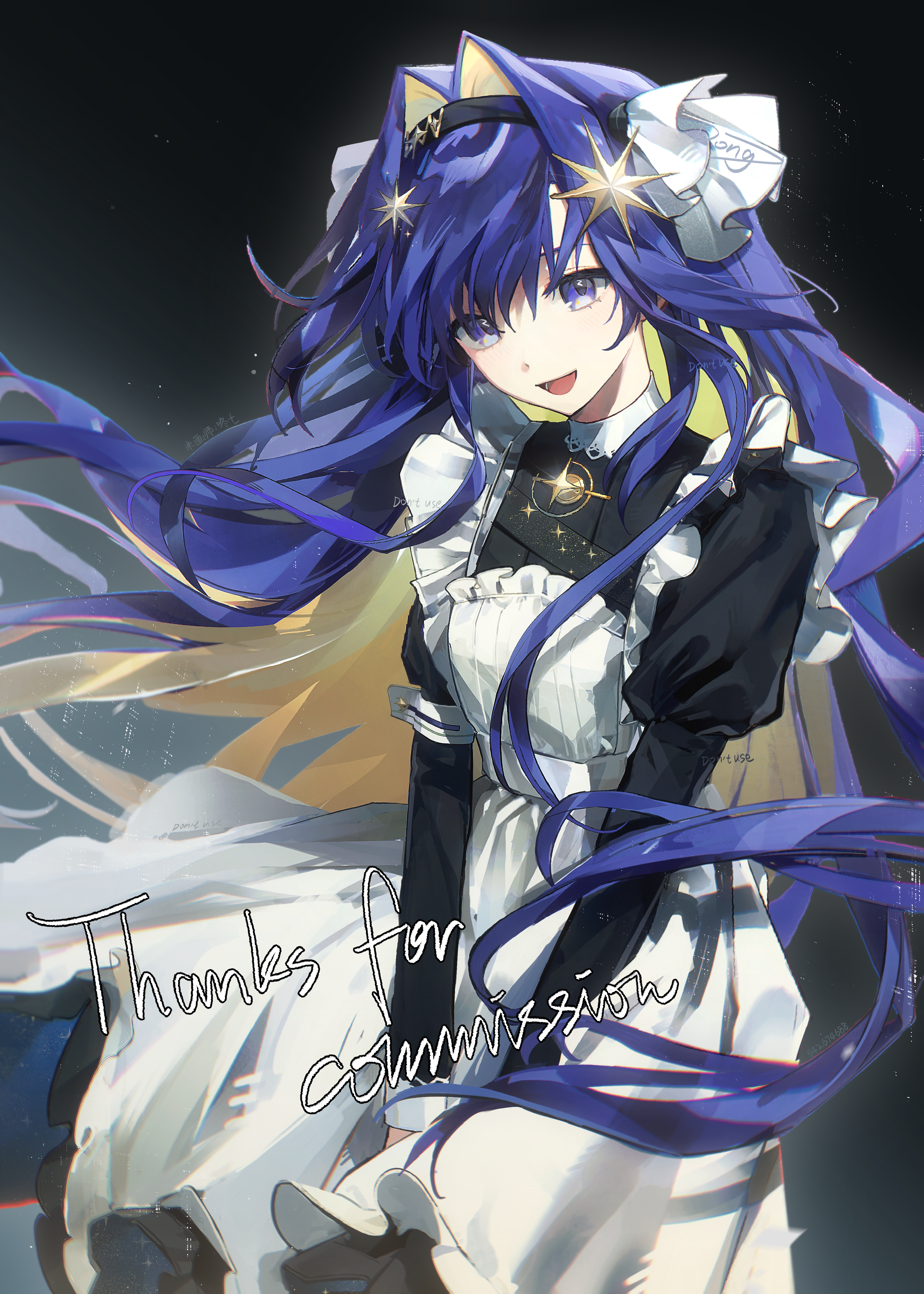 voyager (reverse:1999), reverse:1999, absurdres, commission, highres, procreate (medium), second-party source, 1girl, :d, apron, beishang jinxing, black background, black dress, black hairband, blonde hair, blue eyes, blue hair, colored inner hair, dress, frilled apron, frills, hair ornament, hairband, juliet sleeves, long hair, long sleeves, looking at viewer, multicolored hair, open mouth, puffy sleeves, school uniform, smile, solo, soviet school uniform, star (symbol), star hair ornament, thank you, white apron