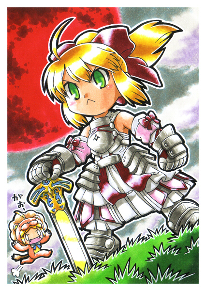 sukeroku, artoria pendragon (fate), saber (fate), saber lily, saber lion, capcom, fate/stay night, fate/tiger colosseum, fate/unlimited codes, fate (series), traditional media, 00s, 2girls, :<, armor, armored dress, blonde hair, bow, dress, green eyes, hair bow, multiple girls, ponytail, sword, weapon