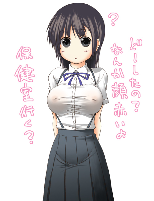 hiyohiyo, shota ochinko, translated, 1girl, ?, black eyes, black hair, breasts, cleavage, female focus, impossible clothes, impossible shirt, large breasts, nipples, no bra, see-through clothes, shirt, simple background, solo, white background