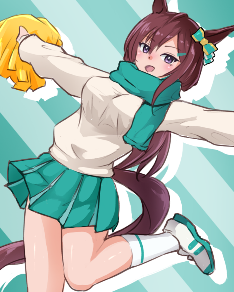 enukee, mejiro dober (umamusume), umamusume, 1girl, animal ears, aqua scarf, aqua skirt, blue scarf, blue skirt, blush, bow, breasts, brown hair, cheerleader, ear bow, hair between eyes, hair ornament, hairclip, horse ears, horse girl, horse tail, long hair, looking at viewer, medium breasts, open mouth, pom pom (cheerleading), purple eyes, scarf, shoes, skirt, smile, socks, solo, sweater, tail, white socks, white sweater