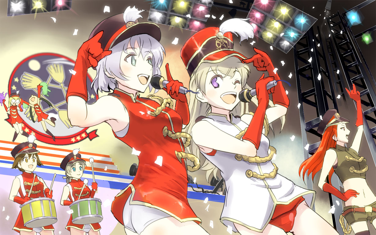 puuakachan, eila ilmatar juutilainen, francesca lucchini, lynette bishop, minna-dietlinde wilcke, miyafuji yoshika, perrine h. clostermann, sanya v. litvyak, strike witches, world witches series, silver hair, 00s, 6+girls, ass, band uniform, blonde hair, brown hair, drum, green eyes, instrument, m/, majorette, microphone, multiple girls, music, no pants, one-piece swimsuit, purple eyes, red hair, school swimsuit, singing, swimsuit, swimsuit under clothes, twintails