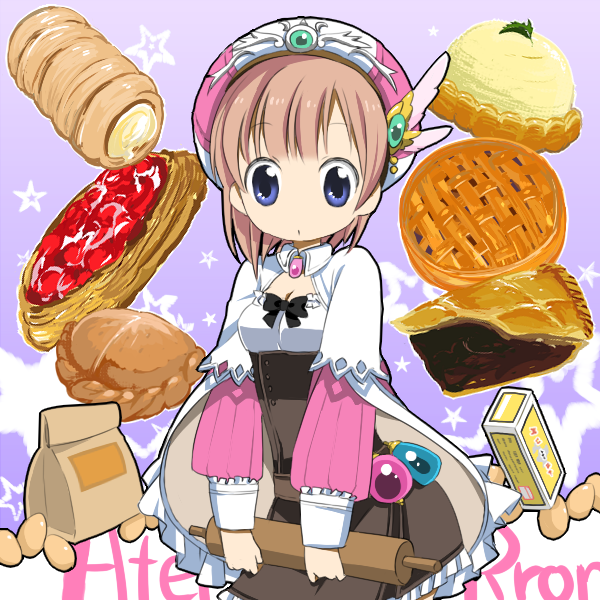 renkon, rorolina frixell, atelier (series), atelier rorona, bad id, bad pixiv id, 1girl, brown dress, cooking, copyright name, dress, egg, feathers, female focus, food, hat, pie, purple background, solo, sweets