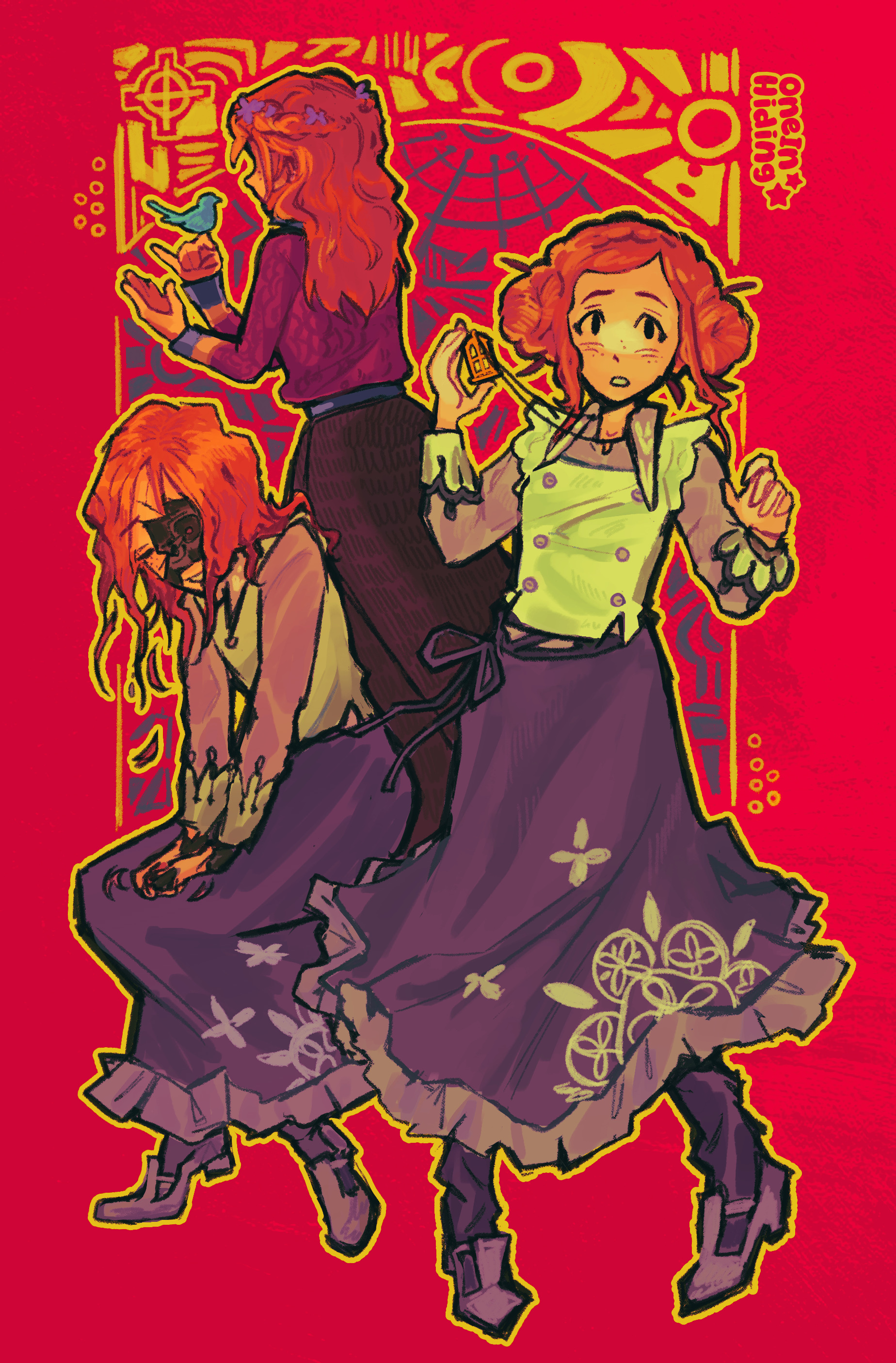 diana (kyokugen dasshutsu), luna (kyokugen dasshutsu), kyokugen dasshutsu, kyokugen dasshutsu adv: zennin shibou desu, zero escape: toki no dilemma, absurdres, commentary, english commentary, highres, spoilers, 2girls, android, artist name, bird, bird on hand, blouse, bluebird, brown skirt, double bun, eyelashes, flower, freckles, from behind, hair bun, hair down, hair flower, hair ornament, holding, jewelry, long hair, long skirt, long sleeves, medium hair, multiple girls, multiple views, necklace, oneinhiding, orange hair, outline, purple shirt, purple shoes, purple skirt, red background, red sweater, shirt, shoes, sidelocks, skirt, solid oval eyes, star (symbol), sweater, vest, white vest, yellow outline