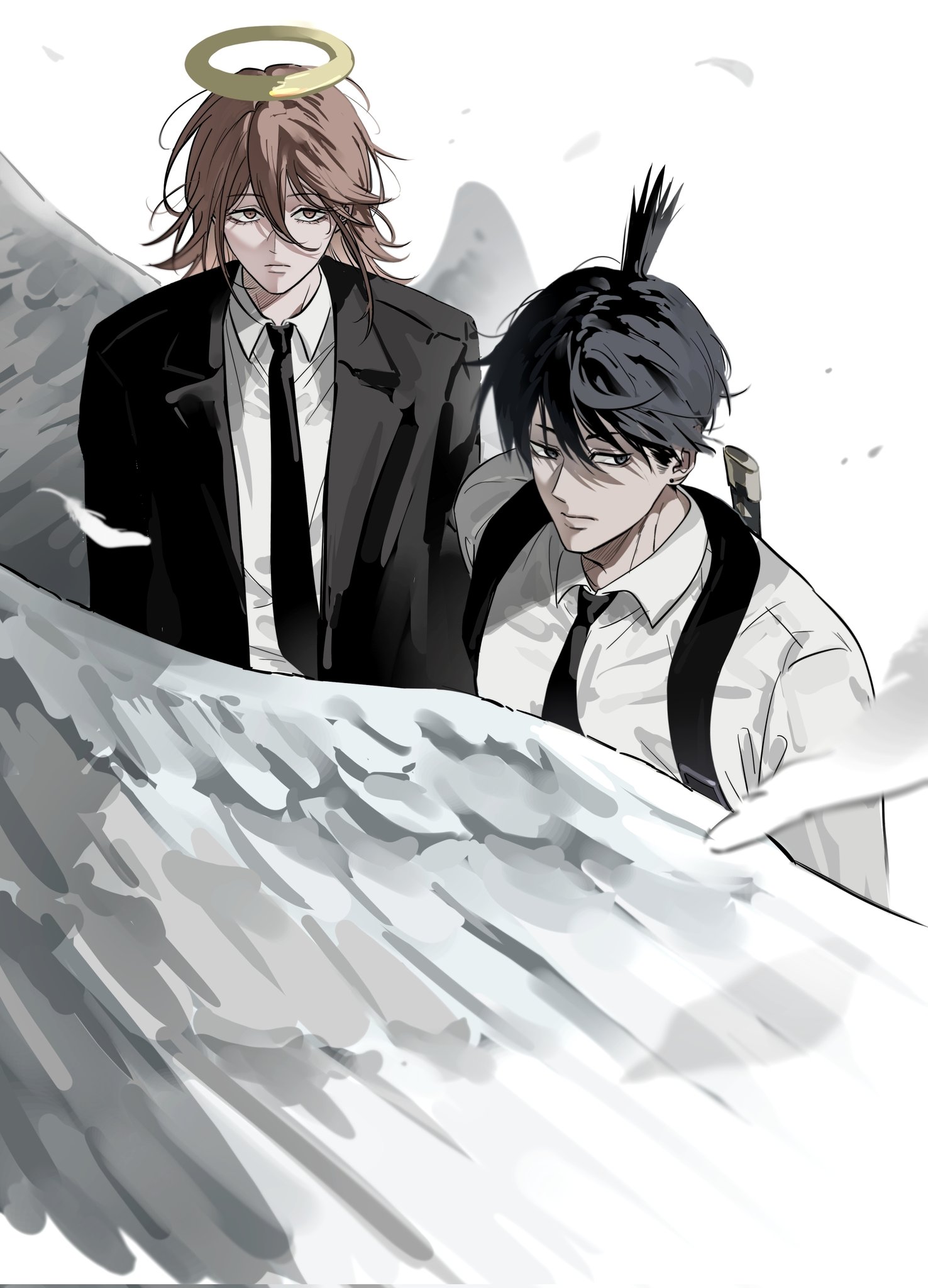 angel devil (chainsaw man), hayakawa aki, chainsaw man, commentary request, highres, korean commentary, 2boys, angel, angel wings, black hair, black jacket, black necktie, collared shirt, detached wings, feathered wings, from above, hair between eyes, halo, jacket, long hair, male focus, multiple boys, necktie, shirt, short hair, simple background, standing, suit jacket, topknot, traditional halo, tus oo, upper body, white background, white shirt, white wings, wings