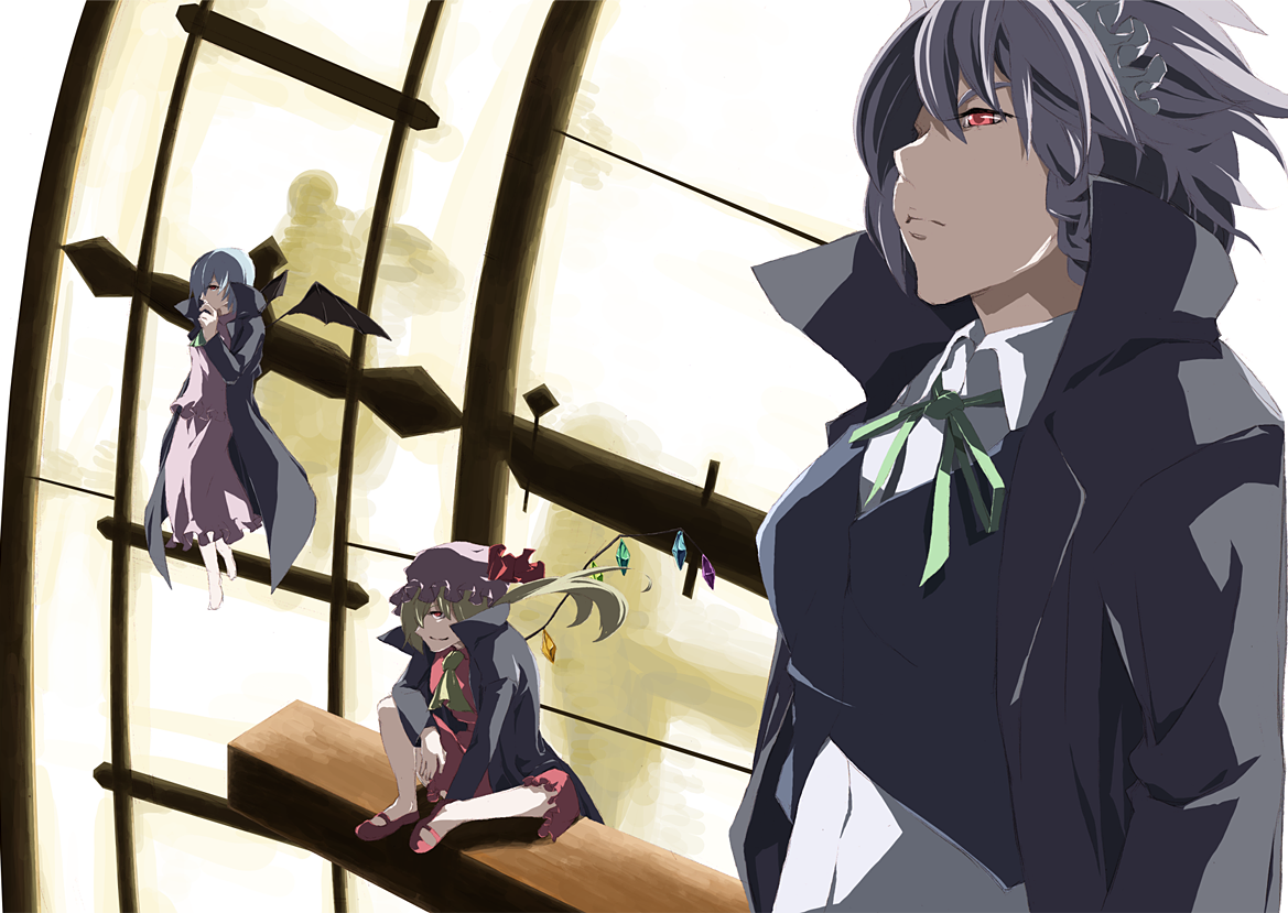 inase ryou, flandre scarlet, izayoi sakuya, remilia scarlet, touhou, silver hair, bad id, bad pixiv id, 3girls, bat wings, blonde hair, blue hair, braid, cape, female focus, hairband, maid, multiple girls, popped collar, red eyes, short hair, side ponytail, twin braids, wings