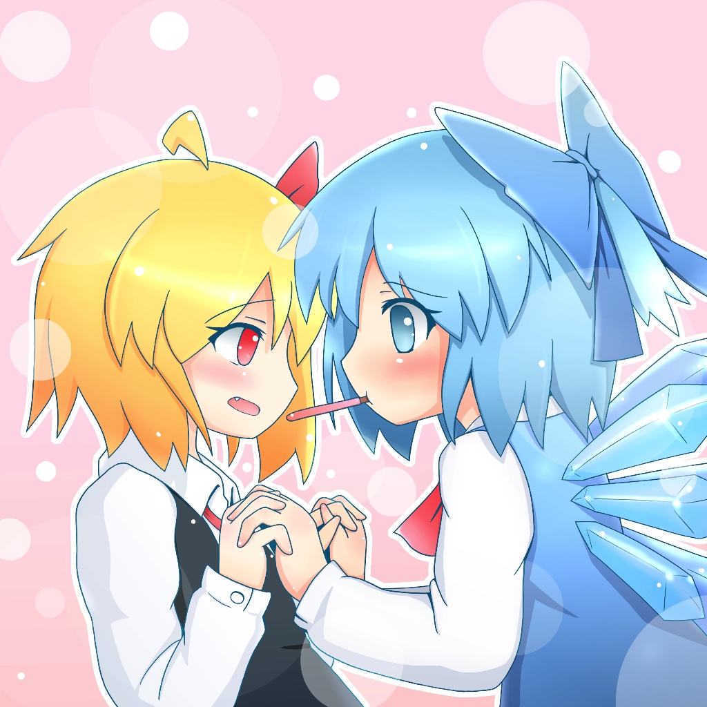 torichiyo, cirno, rumia, embodiment of scarlet devil, touhou, bad id, 2girls, ahoge, blonde hair, blue eyes, blue hair, blush, bow, fang, food, hair bow, hair ribbon, holding hands, ice, multiple girls, pocky, pocky kiss, red eyes, ribbon, shared food, wings