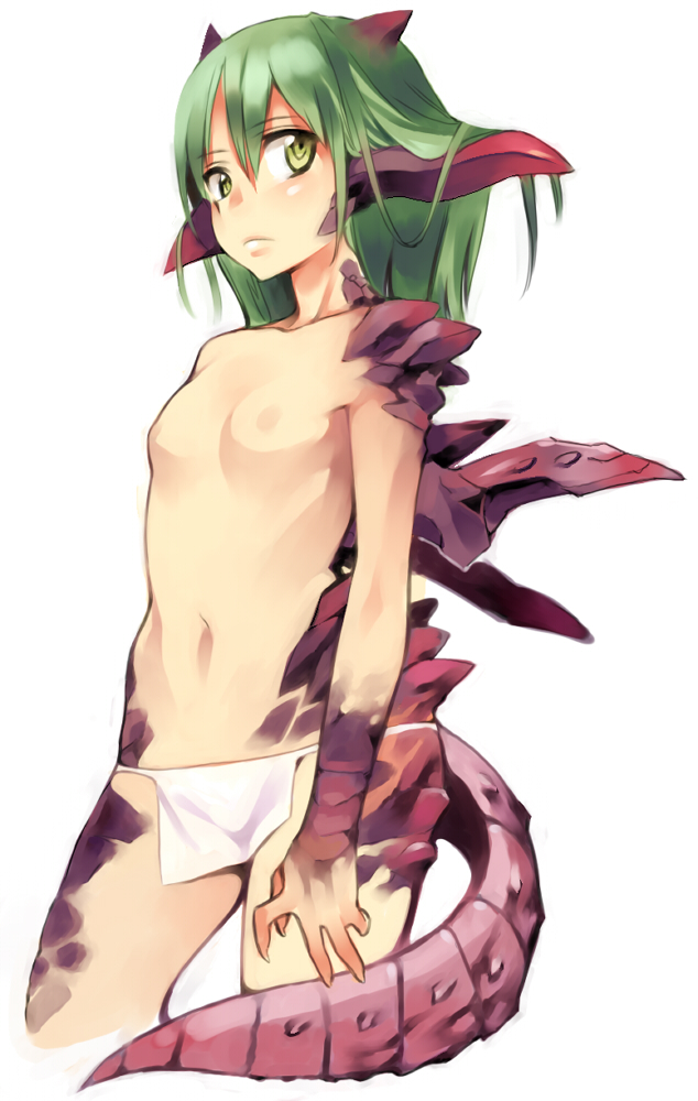 heisa, original, bad id, bad pixiv id, 1girl, androgynous, dragon, dragon girl, female focus, flat chest, green eyes, green hair, horns, loincloth, long hair, matching hair/eyes, monster girl, nipples, scales, small nipples, solo, tail, topless female