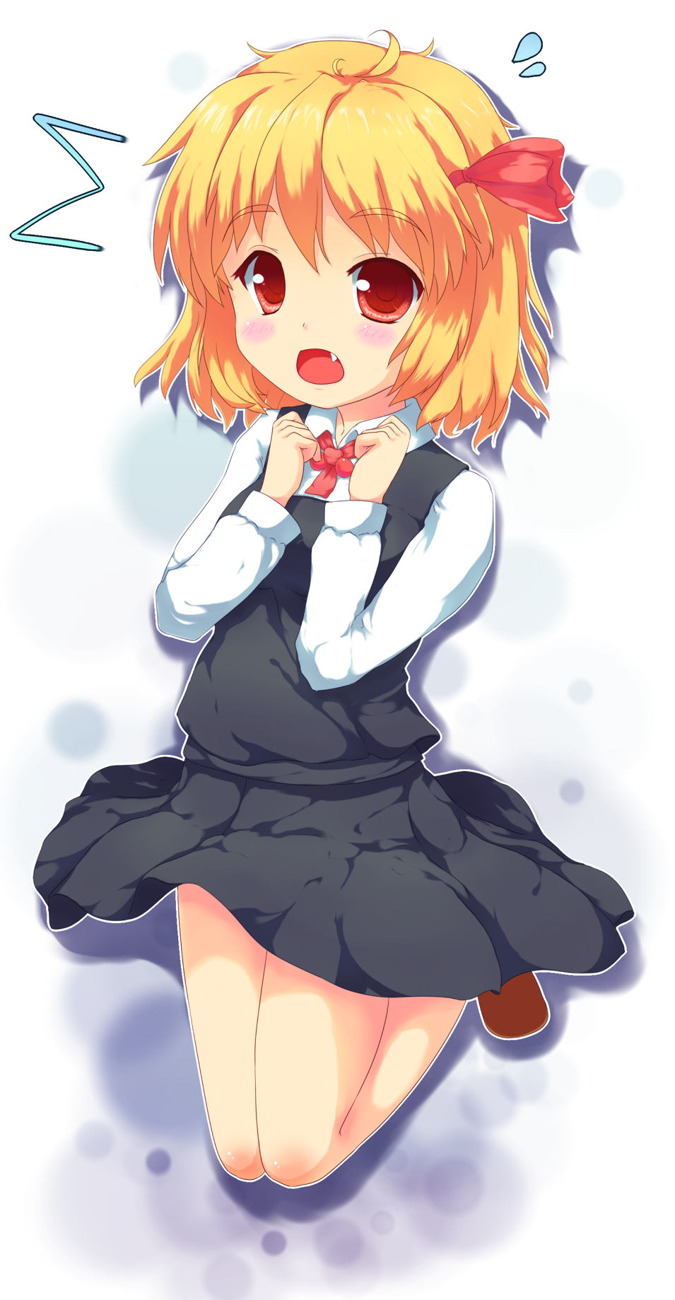 muneyuki, rumia, embodiment of scarlet devil, touhou, bad id, bad pixiv id, highres, 1girl, blonde hair, blush, fang, female focus, full body, hair ribbon, loli, open mouth, red eyes, ribbon, short hair, solo, sweatdrop