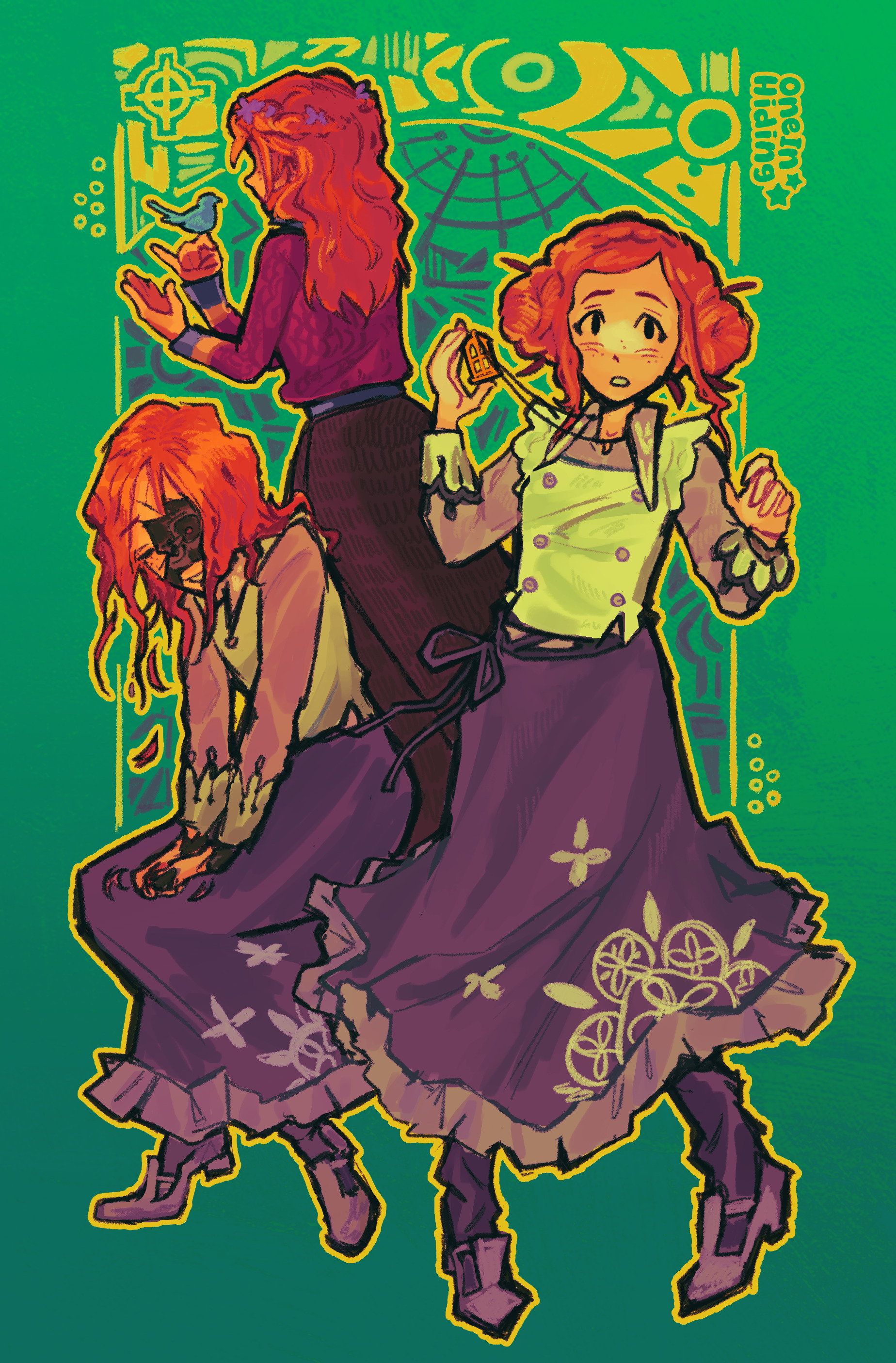 diana (kyokugen dasshutsu), luna (kyokugen dasshutsu), kyokugen dasshutsu, kyokugen dasshutsu adv: zennin shibou desu, zero escape: toki no dilemma, absurdres, commentary, english commentary, highres, spoilers, 2girls, android, artist name, bird, bird on hand, blouse, bluebird, brown skirt, double bun, eyelashes, flower, freckles, from behind, green background, hair bun, hair down, hair flower, hair ornament, holding, jewelry, long hair, long skirt, long sleeves, medium hair, multiple girls, multiple views, necklace, oneinhiding, orange hair, outline, purple shirt, purple shoes, purple skirt, red sweater, shirt, shoes, sidelocks, skirt, solid oval eyes, star (symbol), sweater, vest, white vest, yellow outline