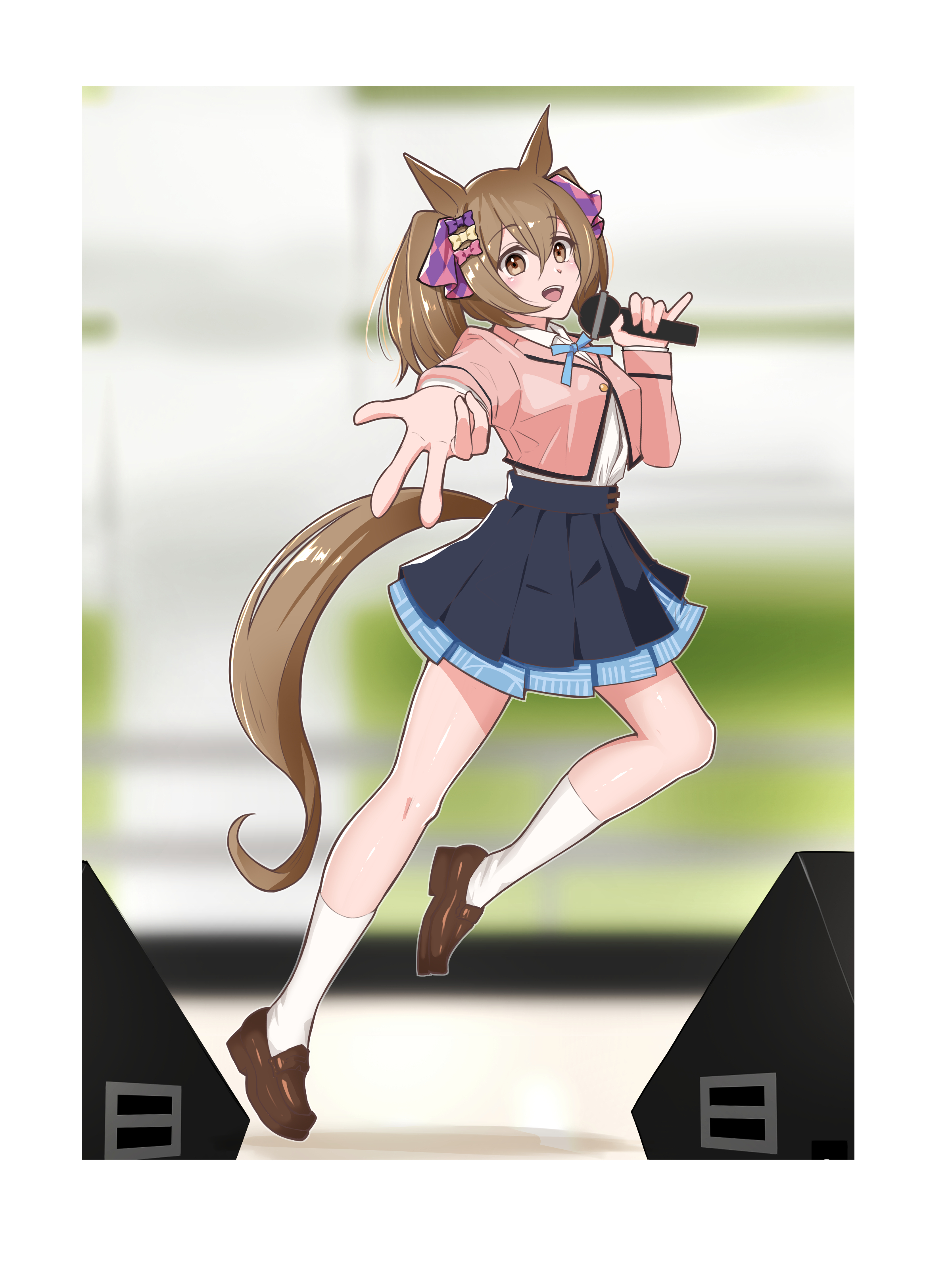 enukee, smart falcon (umamusume), umamusume, absurdres, highres, 1girl, animal ears, blue skirt, blush, bow, breasts, brown eyes, brown hair, collared shirt, hair between eyes, hair bow, hair ornament, holding, holding microphone, horse ears, horse girl, horse tail, jacket, long hair, long sleeves, looking at viewer, medium hair, microphone, multiple hair bows, open mouth, outstretched arm, pink bow, pink jacket, purple bow, shirt, shoes, skirt, smile, socks, solo, tail, teeth, twintails, upper teeth only, w, white shirt, white socks