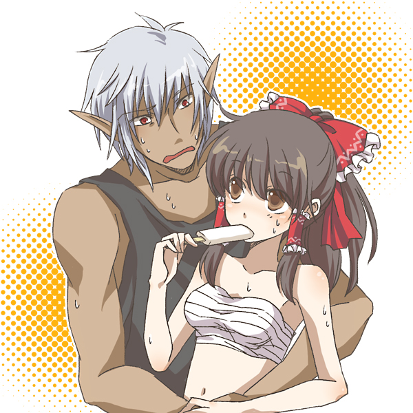 meg (artist), meg maru2, buront, elvaan, hakurei reimu, final fantasy, final fantasy xi, the iron of yin and yang, touhou, silver hair, bad id, bad pixiv id, 00s, 1boy, 1girl, bare shoulders, bow, breasts, brown eyes, brown hair, chest sarashi, couple, crossover, dark-skinned male, dark skin, elf, food, hair tubes, hetero, interracial, midriff, navel, pointy ears, popsicle, red eyes, sarashi, short hair, sweat