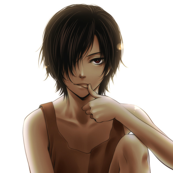 kayu, ikezawa kazuma, summer wars, 00s, 1boy, black hair, brown hair, dark-skinned male, dark skin, hair over one eye, licking, male focus, red eyes, short hair, solo, tan, tongue
