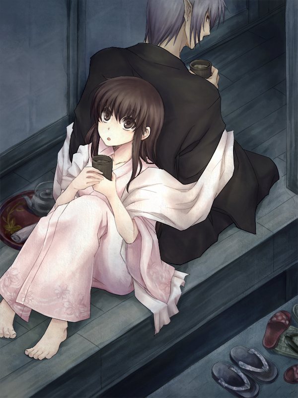 meg (artist), meg maru2, buront, elvaan, hakurei reimu, final fantasy, final fantasy xi, the iron of yin and yang, touhou, silver hair, bad id, bad pixiv id, 00s, 1boy, 1girl, alternate costume, alternate hairstyle, barefoot, brown eyes, brown hair, couple, crossover, elf, feet, height difference, hetero, japanese clothes, night, pigeon-toed, pointy ears, red eyes, short hair, size difference, tea