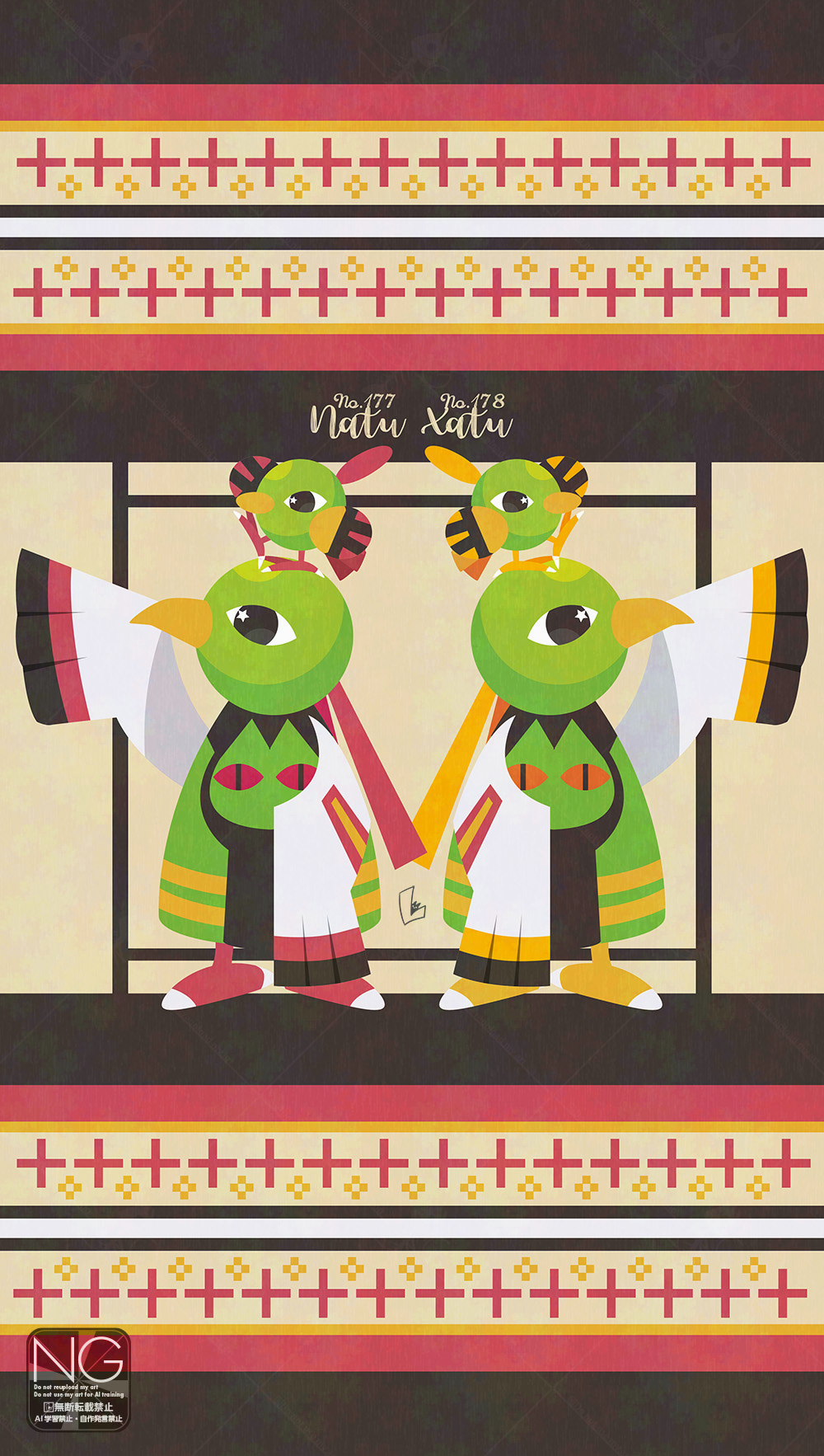 meme (sleepsheep), natu, xatu, nintendo, pokemon, highres, alternate color, animal focus, beak, bird, evolutionary line, gen 2 pokemon, no humans, on head, pokemon (creature), pokemon focus, pokemon on head, shiny pokemon, talons, wings