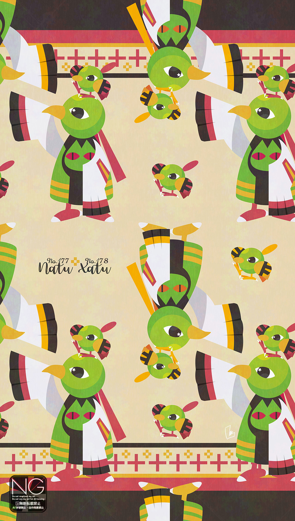 meme (sleepsheep), natu, xatu, nintendo, pokemon, highres, alternate color, animal focus, beak, bird, evolutionary line, gen 2 pokemon, no humans, on head, pokemon (creature), pokemon focus, pokemon on head, shiny pokemon, talons, wings