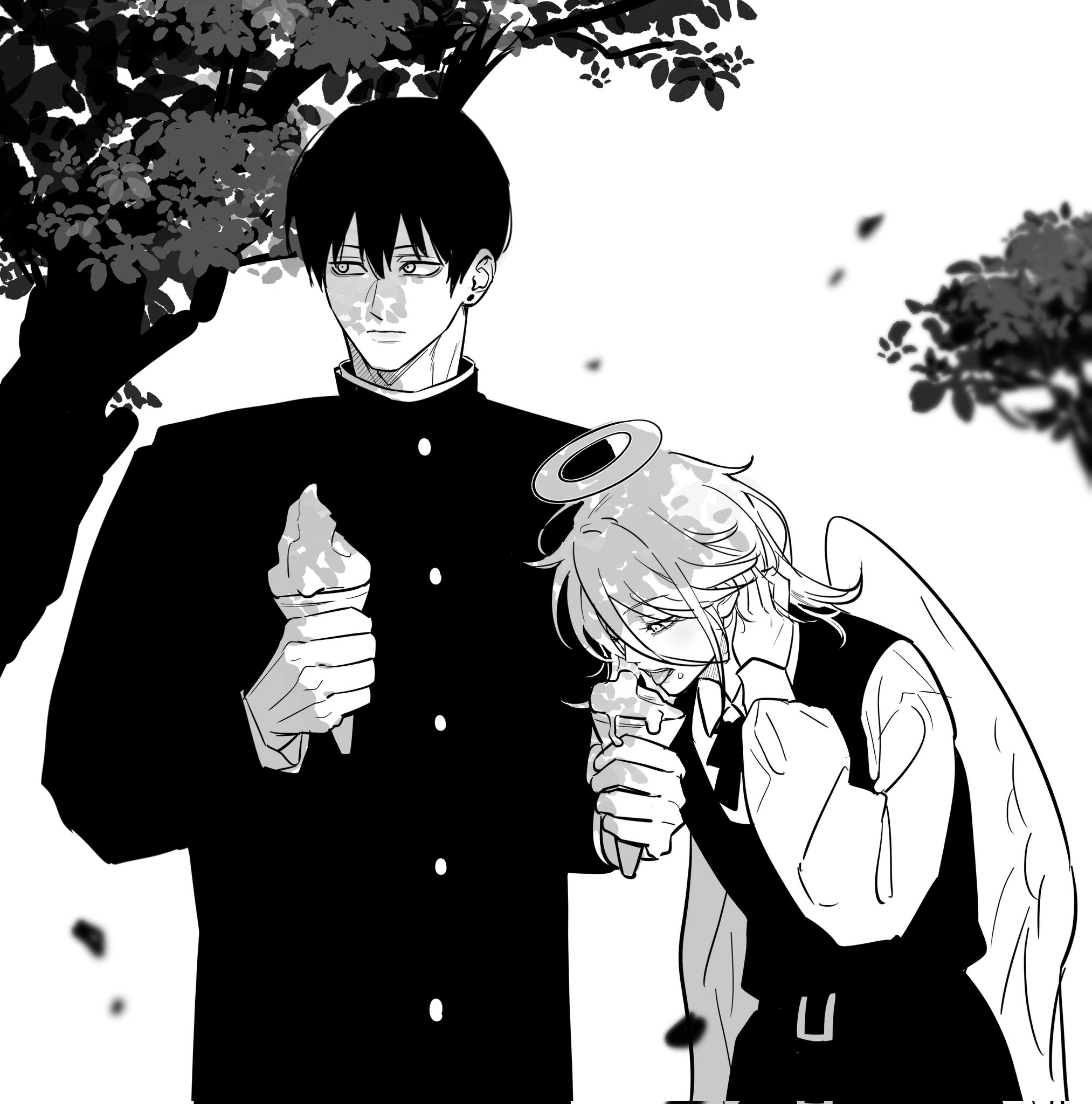 angel devil (chainsaw man), hayakawa aki, chainsaw man, commentary request, corrupted twitter file, highres, korean commentary, 2boys, buttons, collared shirt, crossdressing, crossdressing (mtf), dress, earrings, eating, fourth east high school uniform, gakuran, greyscale, holding, holding ice cream cone, ice cream cone, jewelry, male focus, monochrome, multiple boys, school uniform, shirt, short hair, simple background, sleeveless, sleeveless dress, topknot, tus oo, upper body, white background, white shirt