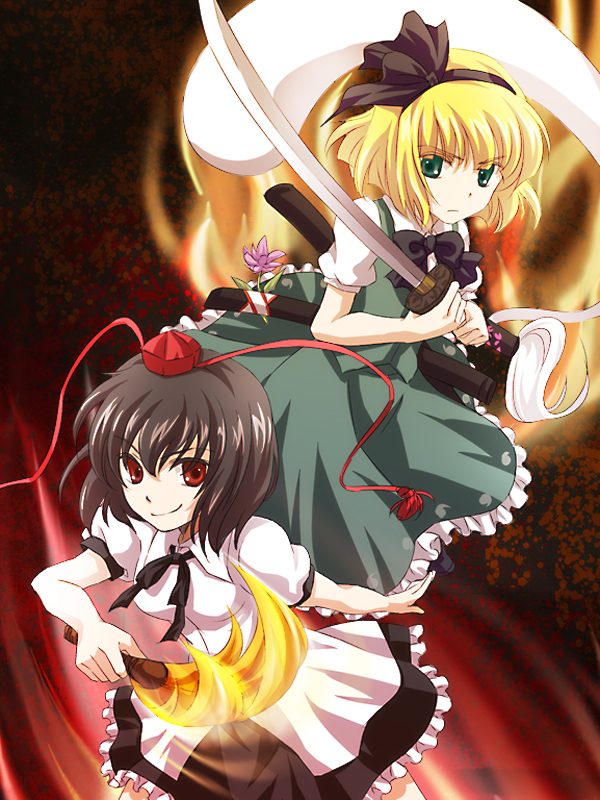 meg (artist), meg maru2, konpaku youmu, konpaku youmu (ghost), shameimaru aya, the iron of yin and yang, touhou, bad id, bad pixiv id, 2girls, aura, black hair, blonde hair, female focus, ghost, green eyes, hairband, hand fan, hat, katana, multiple girls, red eyes, short hair, sword, tokin hat, weapon