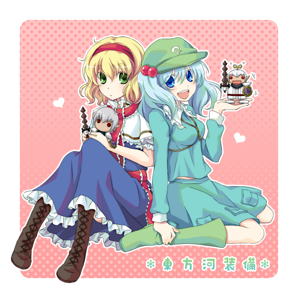 meg (artist), meg maru2, alice margatroid, buront, elvaan, kawashiro nitori, final fantasy, final fantasy xi, the iron of yin and yang, touhou, silver hair, bad id, bad pixiv id, 00s, 2girls, blonde hair, blue eyes, blue hair, character doll, crossover, doll, elf, green eyes, hair bobbles, hair ornament, hairband, hat, key, multiple girls, pantyhose, pointy ears, red eyes, short hair, sword, twintails, two side up, weapon