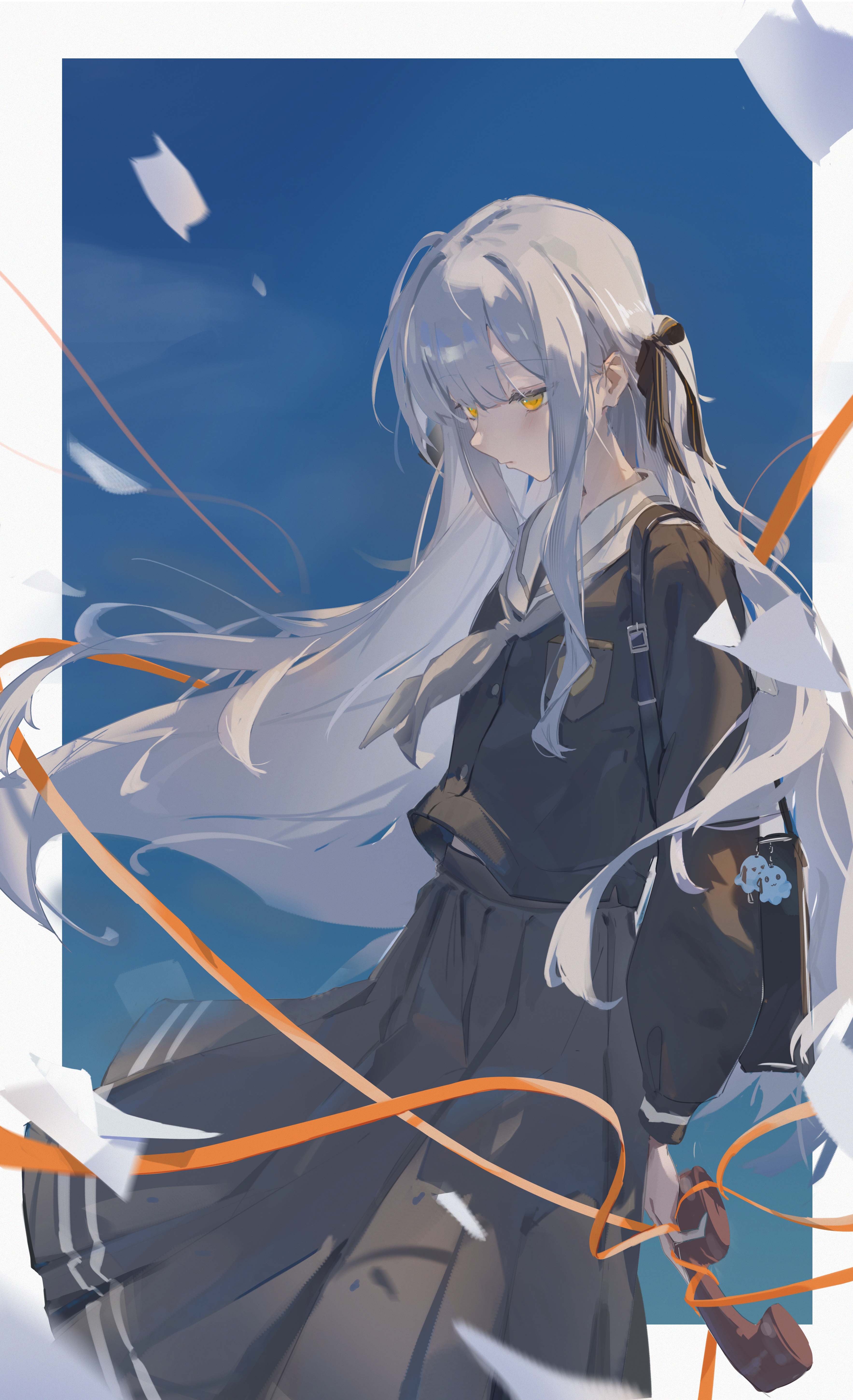 togawa sakiko, bang dream!, bang dream! it's mygo!!!!!, absurdres, highres, 1girl, bag, bag charm, black bag, black jacket, black ribbon, black skirt, blue background, border, charm (object), closed mouth, cowboy shot, floating hair, from side, grey hair, grey neckerchief, hair ribbon, holding, holding phone, jacket, light blush, long hair, long skirt, long sleeves, looking down, midriff peek, neckerchief, orange ribbon, outside border, phone, pleated skirt, puffy long sleeves, puffy sleeves, ribbon, sailor collar, school uniform, serafuku, shoulder bag, skirt, solo, two side up, very long hair, white border, white sailor collar, wind, xue ni guai, yellow eyes