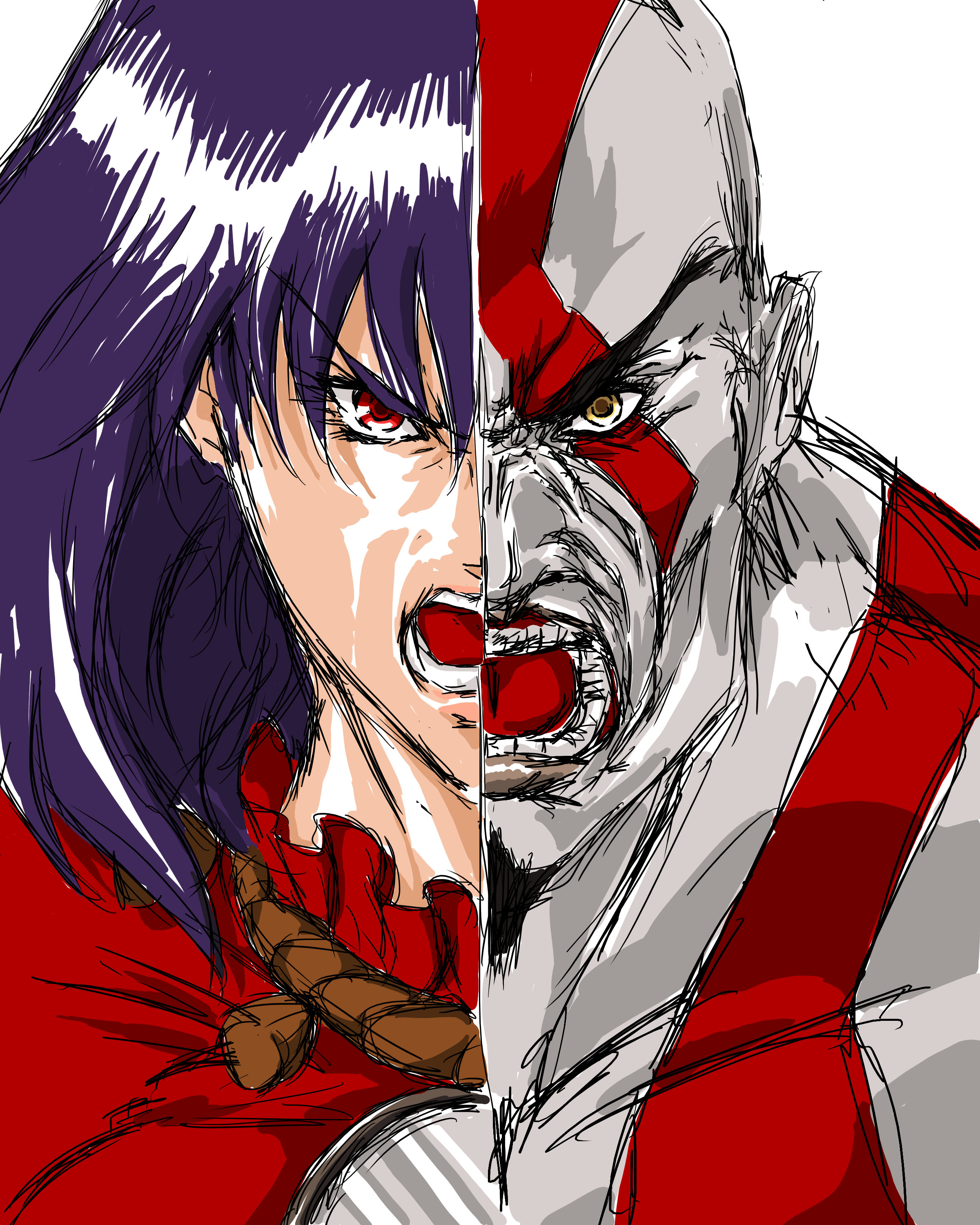 nameo (judgemasterkou), kratos (god of war), yasaka kanako, god of war, touhou, absurdres, highres, 1boy, 1girl, bald, bodypaint, breasts, colored skin, crossover, facial hair, goatee, large breasts, long sleeves, mature male, mirror, muscular, muscular male, pale skin, purple hair, red eyes, red shirt, rope, screaming, shirt, short hair, simple background, tattoo, teeth, topless male, white background, yellow eyes