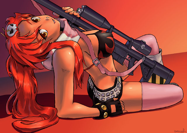 jun (blue), yoko littner, tengen toppa gurren lagann, 00s, 1girl, anti-materiel rifle, arched back, arm support, belt, between breasts, bikini, bikini top only, breasts, female focus, fingerless gloves, gloves, gun, hair ornament, hairclip, large breasts, long hair, looking back, pink thighhighs, ponytail, red hair, rifle, scarf, short shorts, shorts, sitting, smile, sniper rifle, solo, studded belt, swimsuit, thighhighs, weapon, yellow eyes