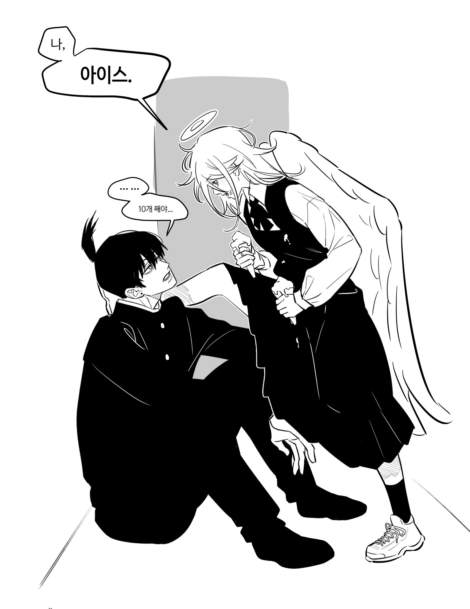 angel devil (chainsaw man), hayakawa aki, chainsaw man, commentary request, highres, korean commentary, translation request, 2boys, alternate costume, angel, angel wings, buttons, collared shirt, crossdressing, crossdressing (mtf), dress, food, foot kabedon, fourth east high school uniform, from side, gakuran, greyscale, halo, holding, holding food, holding ice cream, ice cream, kabedon, kneehighs, korean text, long hair, male focus, monochrome, multiple boys, school uniform, shirt, shoes, short hair, sitting, sleeveless, sleeveless dress, socks, speech bubble, topknot, traditional halo, tus oo, wings, yaoi