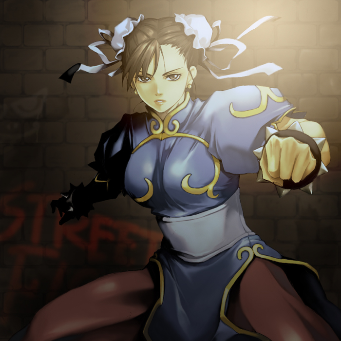 koma kiri aoko, chun-li, capcom, street fighter, 1girl, brown eyes, brown hair, bun cover, china dress, chinese clothes, double bun, dress, earrings, female focus, hair bun, jewelry, pantyhose, pelvic curtain, solo