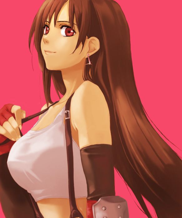 koma kiri aoko, tifa lockhart, final fantasy, final fantasy vii, 1990s (style), 1girl, brown hair, earrings, female focus, fingerless gloves, floating earrings, gloves, jewelry, long hair, red eyes, retro artstyle, smile, solo