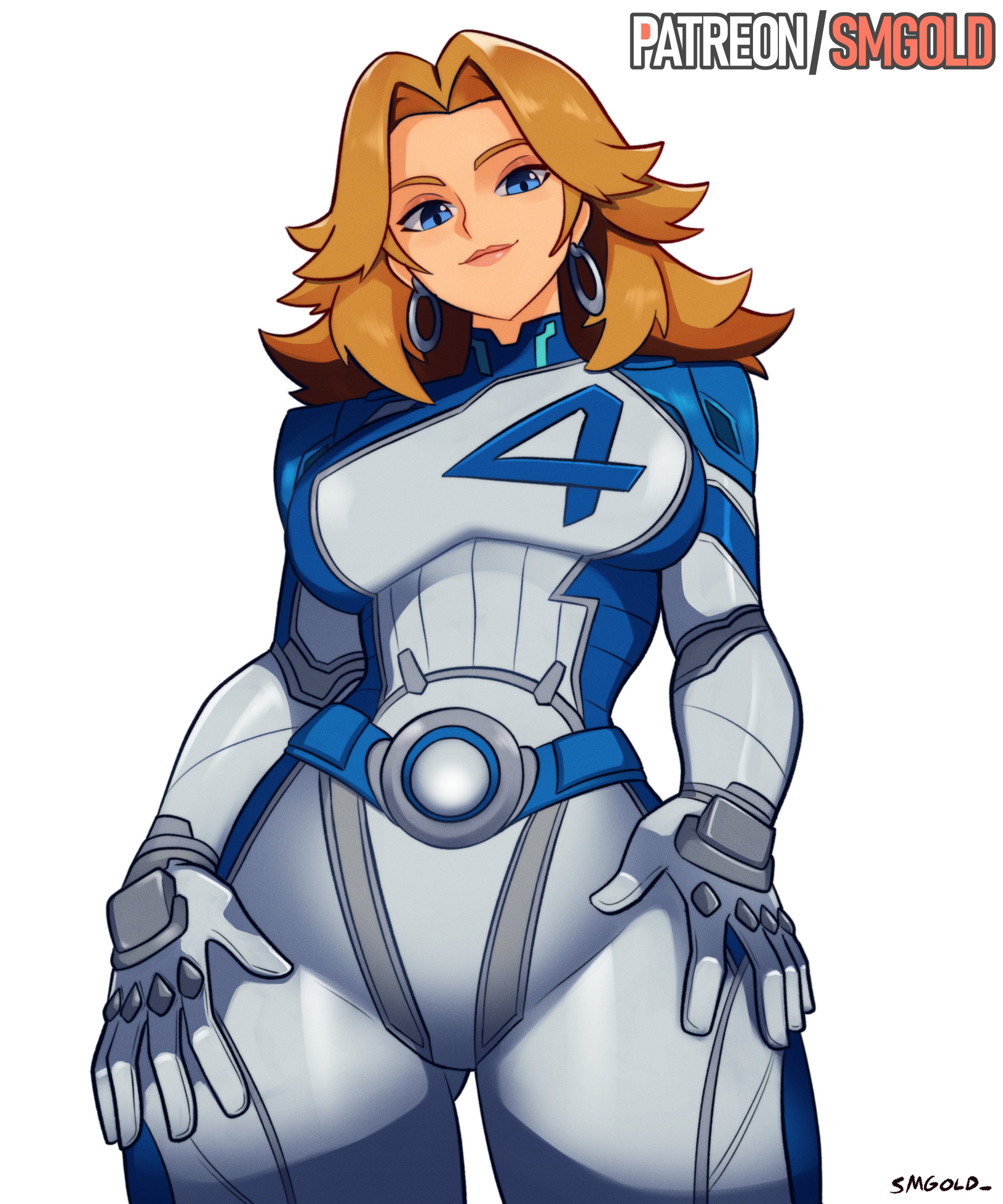 smgold, sue storm, fantastic four, marvel, marvel rivals, absurdres, highres, 1girl, blonde hair, blue bodysuit, blue eyes, bodysuit, breasts, earrings, jewelry, long hair, looking at viewer, multicolored bodysuit, simple background, smile, superhero costume, two-tone bodysuit, white bodysuit