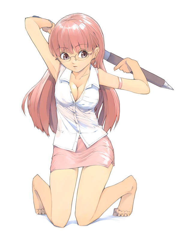 akinbo (hyouka fuyou), original, 1girl, barefoot, blouse, breasts, cleavage, earrings, feet, female focus, glasses, jewelry, kneeling, long hair, medium breasts, mini person, minigirl, miniskirt, oversized object, pen, pink eyes, pink hair, shirt, skirt, solo, toes, white background