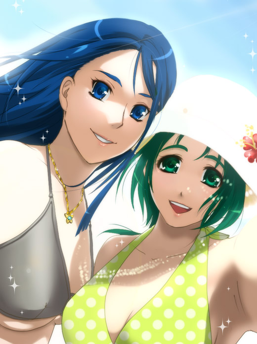 galibo, akimoto komachi, minazuki karen, precure, yes! precure 5, bad id, bad pixiv id, 00s, 2girls, bikini, blue eyes, blue hair, breasts, eyelashes, green eyes, green hair, hat, jewelry, multiple girls, necklace, polka dot, smile, sparkle, swimsuit, underboob