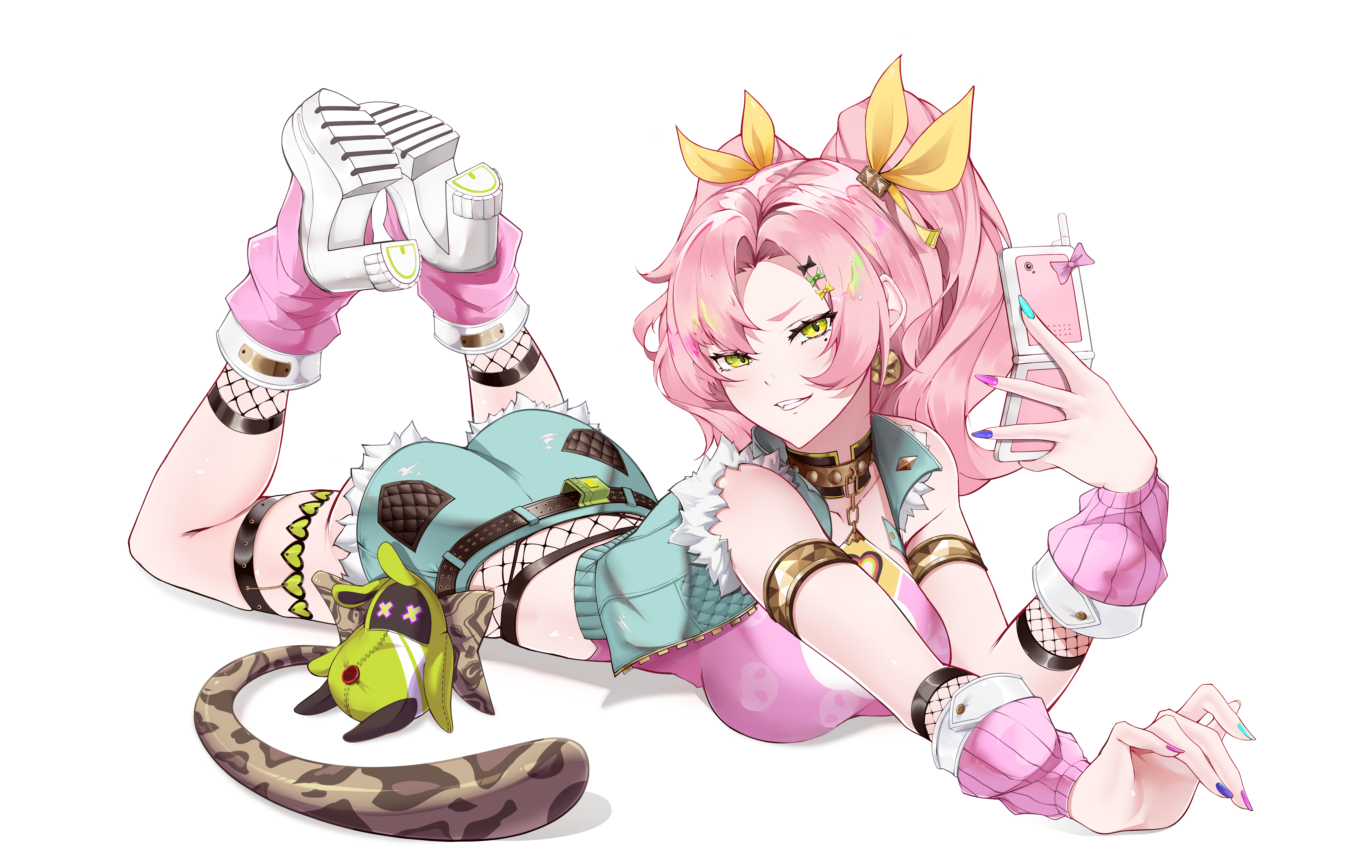 thaigermane, nicole demara, nicole demara (cunning cutie), zenless zone zero, gold collar, absurdres, commentary, english commentary, highres, 1girl, armlet, ass, bare shoulders, blue shorts, blue vest, breasts, cellphone, coin earrings, denim, denim shorts, denim vest, fake tail, feet up, fishnet arm warmers, fishnet shorts, fishnet socks, fishnets, flip phone, full body, fur-trimmed shorts, fur-trimmed vest, fur trim, green eyes, holding, holding phone, jewelry, large breasts, leg warmers, leopard tail, long hair, lying, mole, mole under eye, multicolored nails, official alternate costume, on stomach, parted lips, phone, pink arm warmers, pink hair, pink leg warmers, pink tube top, ribbon, shorts, simple background, socks, solo, strapless, tail, the pose, tube top, two side up, vest, white background, yellow ribbon