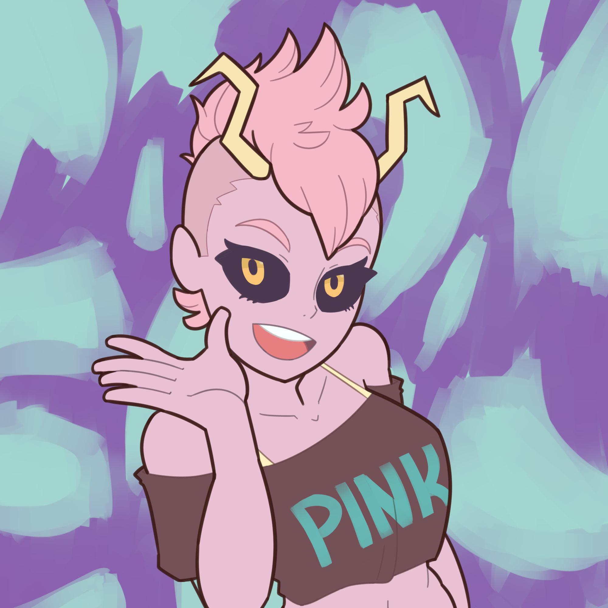 cianuro, boku no hero academia, commentary, commission, english commentary, highres, 1girl, alternate hairstyle, bare shoulders, black sclera, black shirt, clothes writing, collarbone, colored sclera, colored skin, crop top, eyelashes, horns, mohawk, open mouth, pink hair, pink skin, shirt, short hair, smile, solo, teeth, upper body, upper teeth only, very short hair, waving, yellow eyes