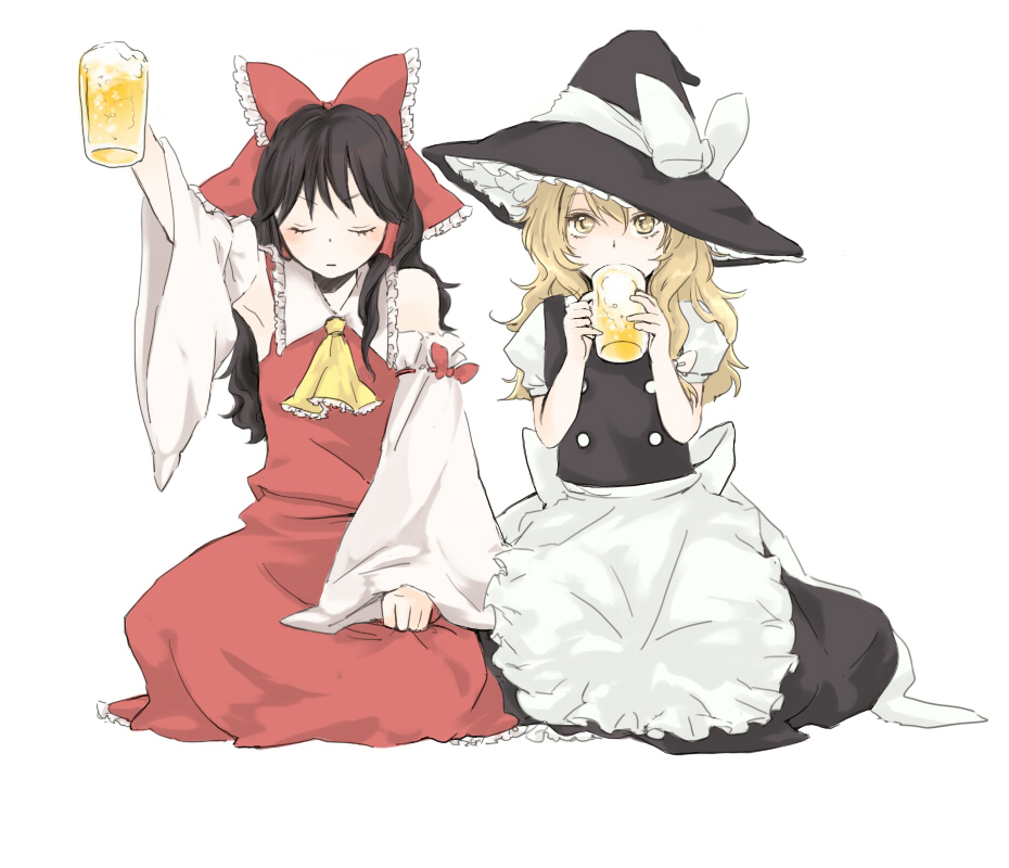 yonu (nyonu), yonu (pixiv), yonu (yonurime), hakurei reimu, kirisame marisa, touhou, 2girls, alcohol, apron, arm up, armpits, beer, blonde hair, bow, brown hair, closed eyes, detached sleeves, drinking, female focus, hair bow, hat, japanese clothes, large bow, long hair, miko, multiple girls, simple background, sitting, staring, white background, witch, witch hat, yellow eyes
