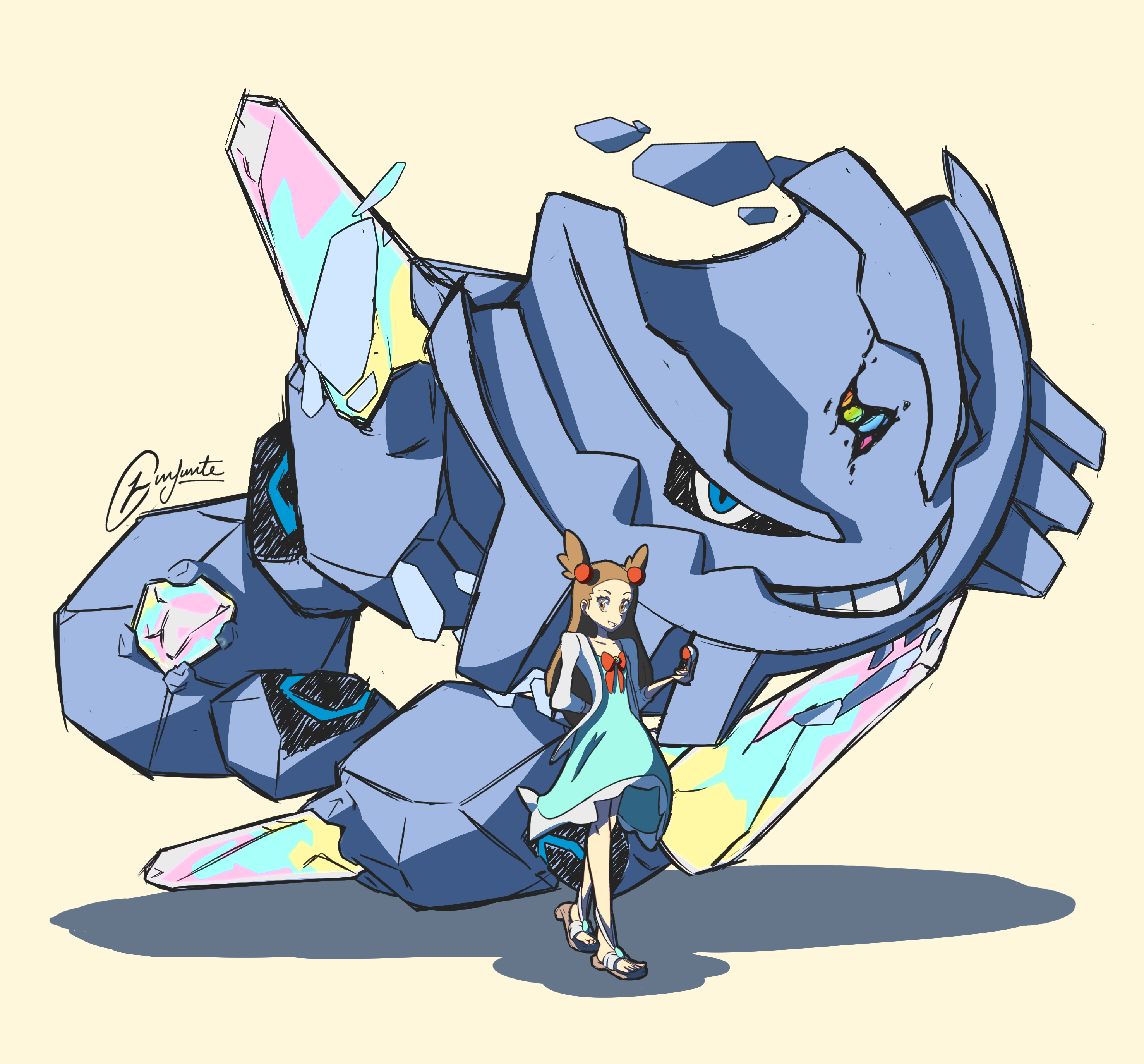 jasmine (pokemon), mega steelix, steelix, nintendo, pokemon, pokemon hgss, absurdres, commentary, english commentary, highres, 0~zero~0, 1girl, aqua dress, blue eyes, brown eyes, brown hair, brown sandals, crystal, dress, eyelashes, full body, gen 2 pokemon, hair bobbles, hair ornament, jacket, long hair, long sleeves, mega evolution symbol, mega pokemon, open clothes, open jacket, pokemon (creature), sandals, shadow, signature, simple background, smile, standing, teeth, two side up, v-shaped eyes, white background, white jacket