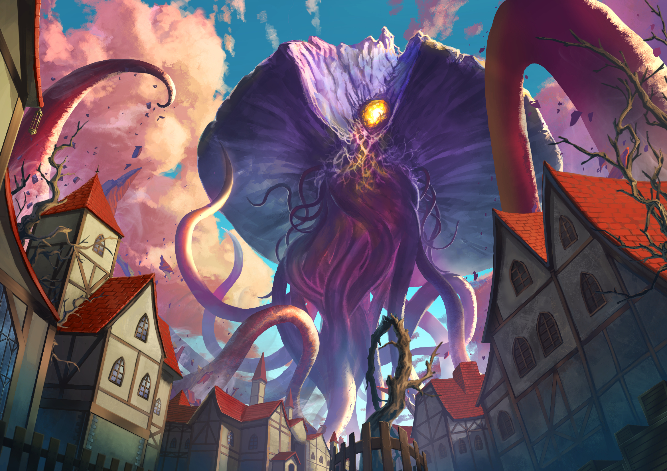 kona (19911212), emrakul the aeons torn, magic: the gathering, highres, blue sky, building, cloud, cloudy sky, eldrazi, eldritch abomination, extra arms, from below, glowing, glowing eyes, monster, no humans, one-eyed, outdoors, sky, tentacles, yellow eyes