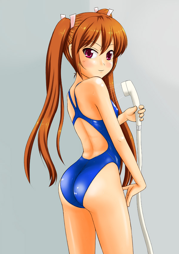 tk4, brown eyes, brown hair, competition swimsuit, long hair, one-piece swimsuit, red eyes, shower head, solo, swimsuit, twintails