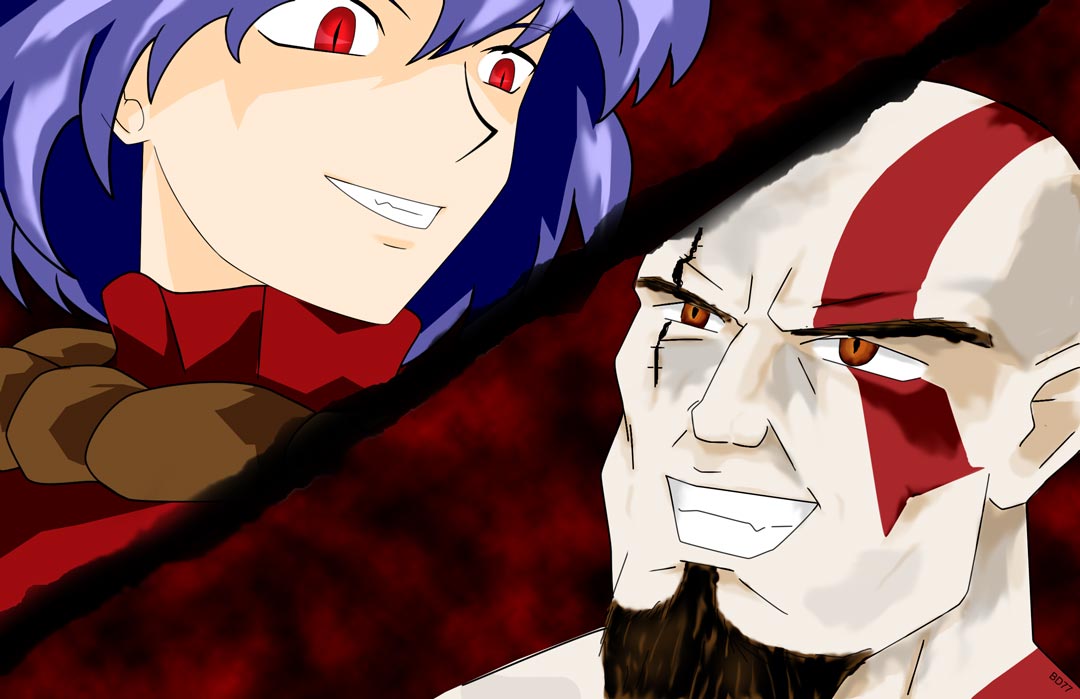 bd77, kratos (god of war), yasaka kanako, touhou, 1boy, 1girl, artist name, bald, beard, bodypaint, clenched teeth, crossover, evil grin, evil smile, facial hair, goatee, grin, looking at another, mature male, muscular, muscular male, pale skin, purple hair, red background, red eyes, red shirt, rope, scar, scar across eye, scar on face, shirt, short hair, smile, tattoo, teeth, yellow eyes