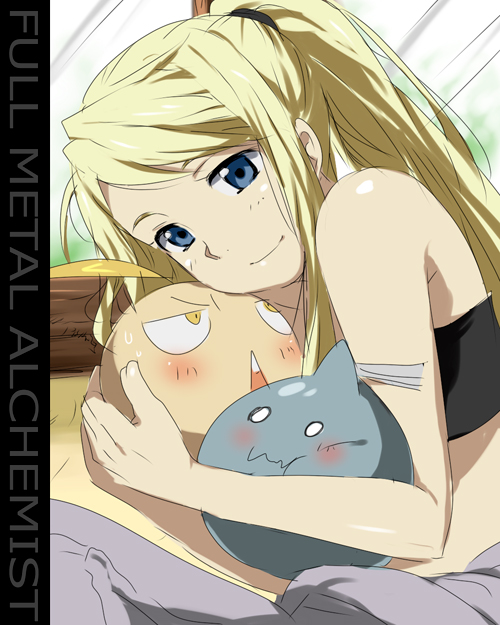 kl (dgzonbi), alphonse elric, edward elric, winry rockbell, fullmetal alchemist, 00s, blonde hair, blue eyes, hug, ponytail, smile, tank top