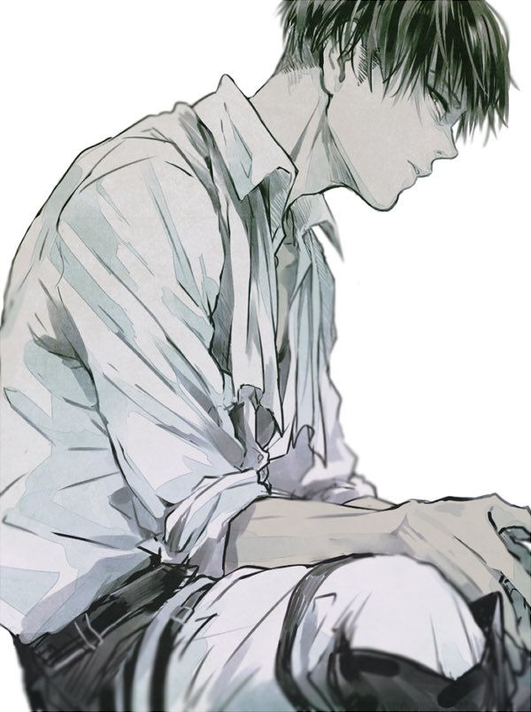 mo cha ri, levi (shingeki no kyojin), shingeki no kyojin, commentary request, 1boy, ascot, black hair, collared shirt, from side, male focus, shirt, short hair, sideburns, simple background, sitting, sleeves pushed up, solo, thigh strap, undone ascot, white background, white shirt