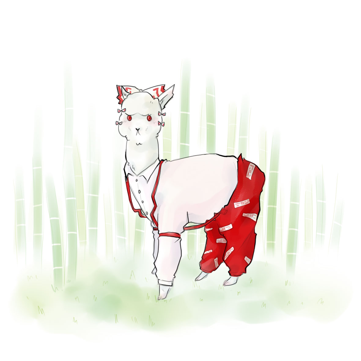 kikuichi monji, kikuichimonji, fujiwara no mokou, touhou, bad id, bad pixiv id, :<, alpaca, animal, animalization, blush, bow, female focus, hair bow, hair ribbon, looking at viewer, no humans, outdoors, red eyes, ribbon, solo, suspenders, white hair