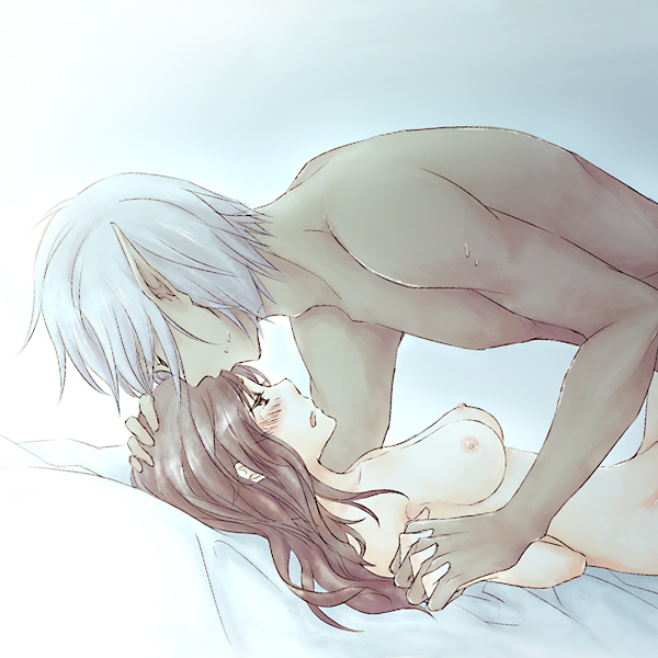 meg (artist), meg maru2, buront, elvaan, hakurei reimu, final fantasy, final fantasy xi, the iron of yin and yang, touhou, silver hair, bad id, bad pixiv id, 00s, 1boy, 1girl, blush, breasts, brown hair, completely nude, couple, crossover, elf, hetero, kiss, kissing forehead, nipples, nude, pointy ears, sex, short hair, sketch, vaginal