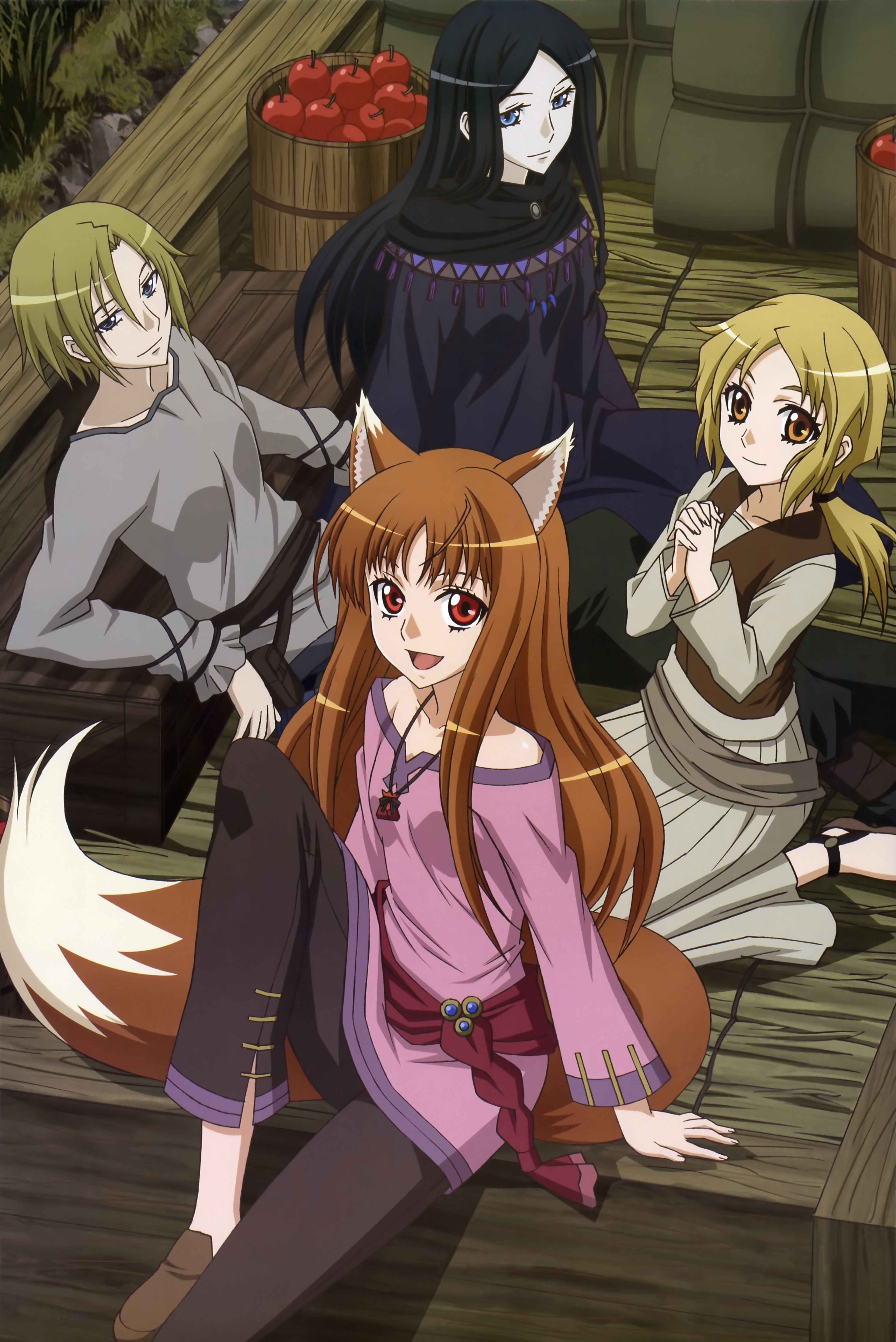 murakami(hiwa), sano hitomi, shinohara kenji, dian rubens, eve bolan, holo, nora arento, spice and wolf, absurdres, detexted, highres, official art, third-party edit, 00s, 4girls, animal ears, apple, banner, black hair, blonde hair, blue eyes, brown eyes, brown hair, casual, detext, food, fruit, long hair, multiple girls, no socks, nobori, ponytail, purple eyes, red eyes, short hair, tail, very long hair, wolf ears, wolf tail