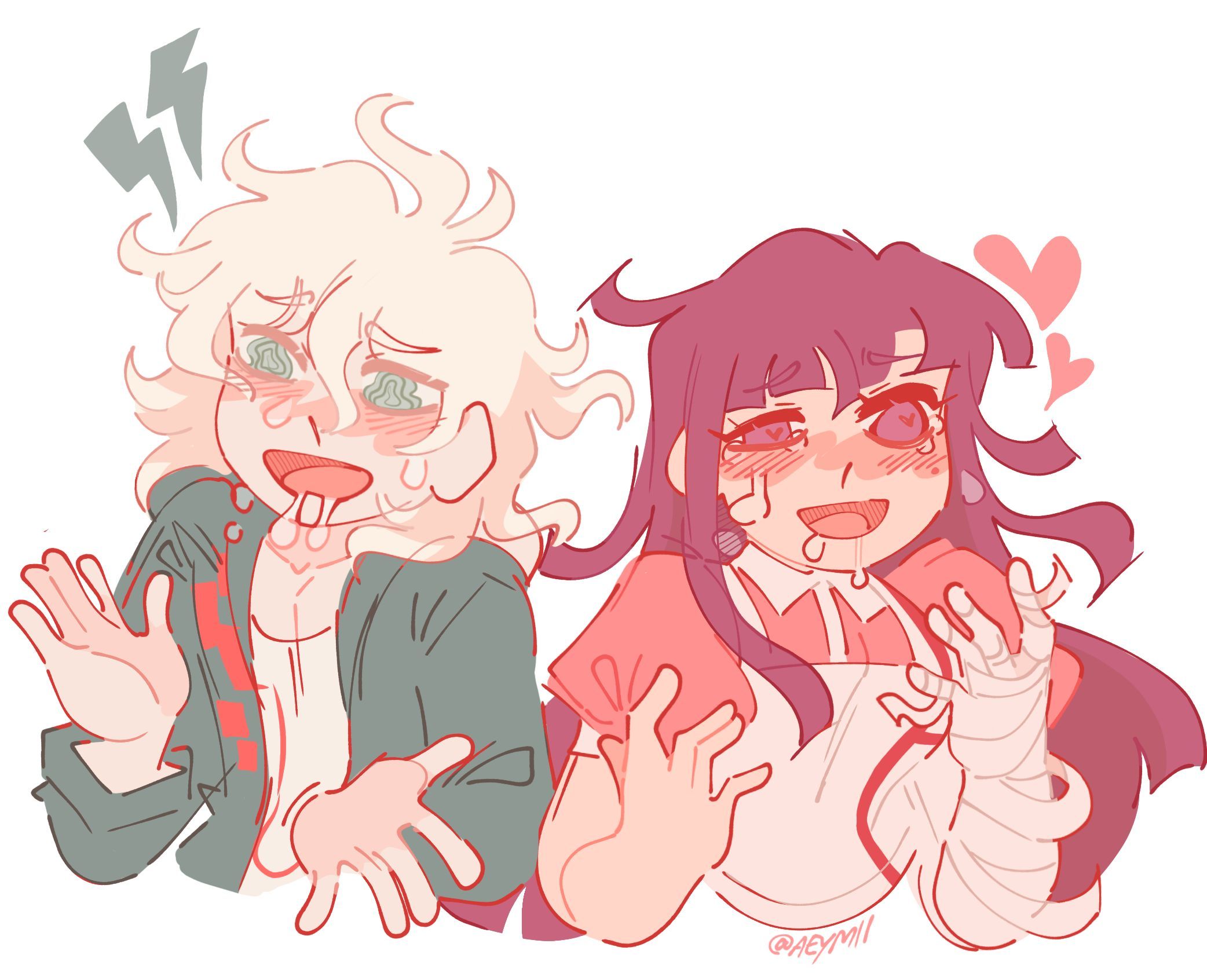 komaeda nagito, tsumiki mikan, danganronpa (series), danganronpa 2: goodbye despair, commentary, english commentary, highres, 1boy, 1girl, aeymii, apron, bandaged arm, bandaged hand, bandages, blush, crazy eyes, cropped torso, crying, crying with eyes open, drooling, eyelashes, green eyes, green jacket, heart, heart-shaped pupils, jacket, lightning bolt symbol, long hair, long sleeves, nose blush, open clothes, open jacket, open mouth, pink shirt, purple eyes, purple hair, saliva, shirt, short hair, short sleeves, simple background, smile, sweat, symbol-shaped pupils, tears, wavy eyes, white apron, white background, white hair, white shirt