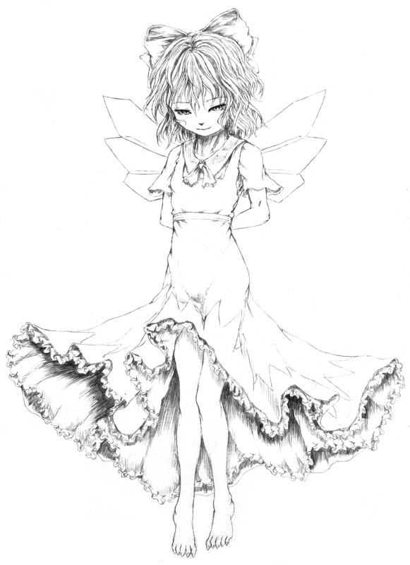 katzeh, cirno, embodiment of scarlet devil, touhou, artist request, 1girl, arms behind back, barefoot, dress, feet, female focus, full body, greyscale, hair ribbon, looking down, monochrome, ribbon, short hair, simple background, smile, solo, white background, wings