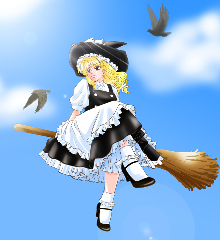 kuroi ken'ichi, kurokkenu, kirisame marisa, touhou, 1girl, bird, blonde hair, braid, broom, crow, dress, female focus, frills, hat, high heels, mary janes, red eyes, shoes, short hair, sitting, skirt, solo, witch, witch hat
