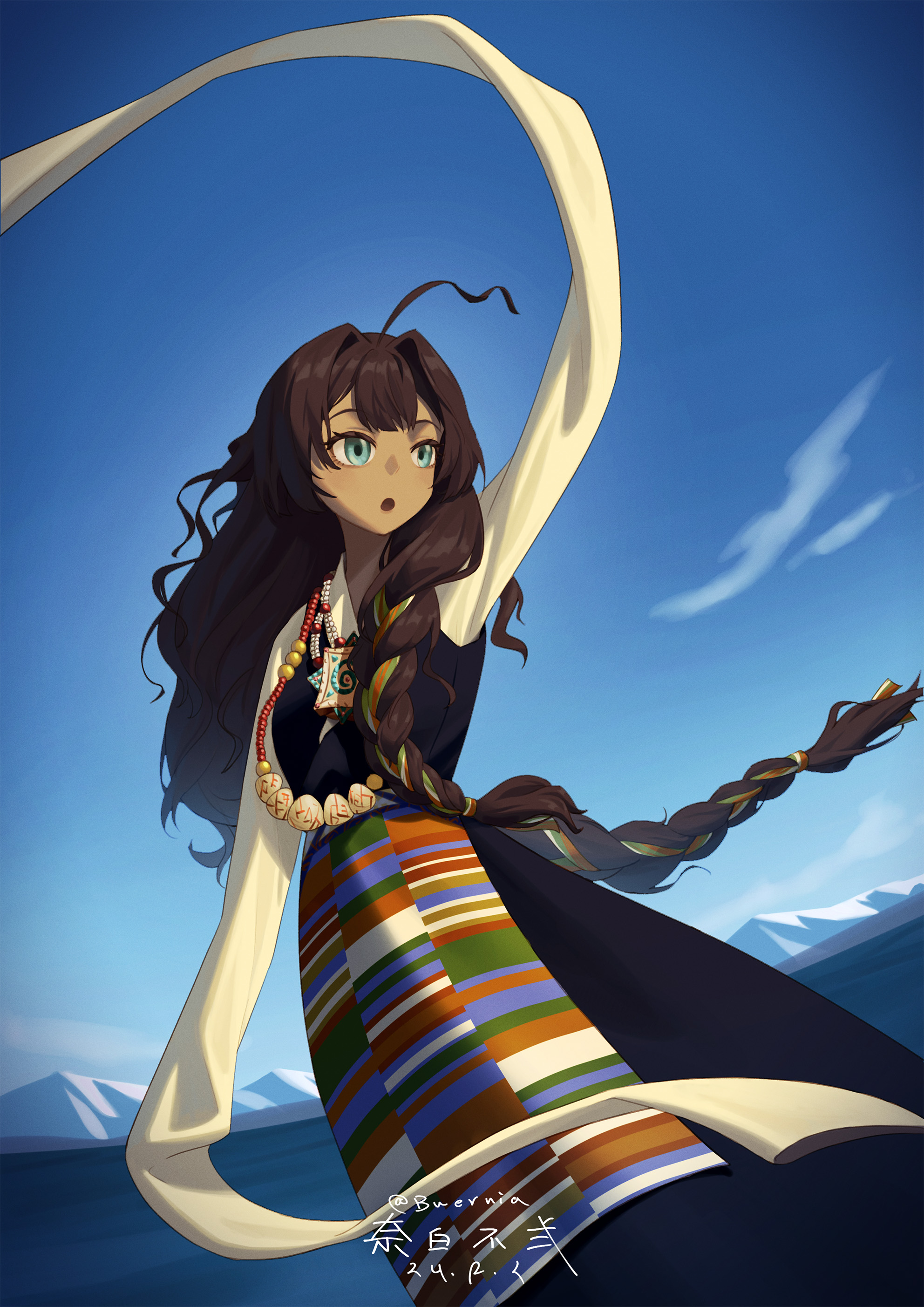 buernia, fatutu, reverse:1999, absurdres, highres, 1girl, :o, ahoge, alternate costume, arm up, artist name, black dress, blue eyes, blue sky, brown hair, cloud, dark-skinned female, dark skin, dated, day, dress, jewelry, lake, long braid, long hair, looking up, mountain, necklace, open mouth, outdoors, pendant, shell, shell necklace, shirt, signature, sky, sleeves past fingers, sleeves past wrists, solo, tibetan clothes, twitter username, upper body, very long hair, yellow shirt