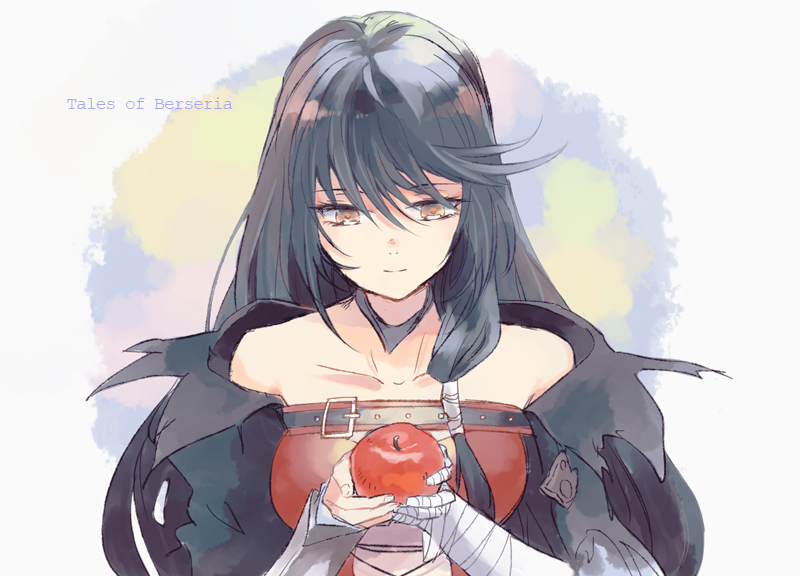 nakariku, velvet crowe, tales of (series), tales of berseria, 1girl, apple, bandaged arm, bandages, black hair, breasts, choker, collarbone, food, fruit, hair between eyes, long hair, medium breasts, solo, very long hair, yellow eyes